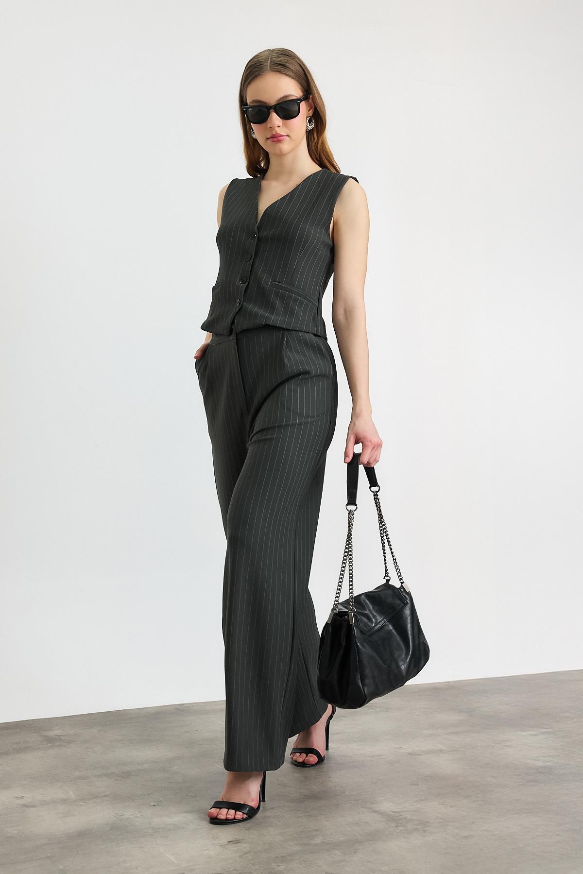 Füme Önü Düğmeli Çizgili Yelek Takım 6622A - 6