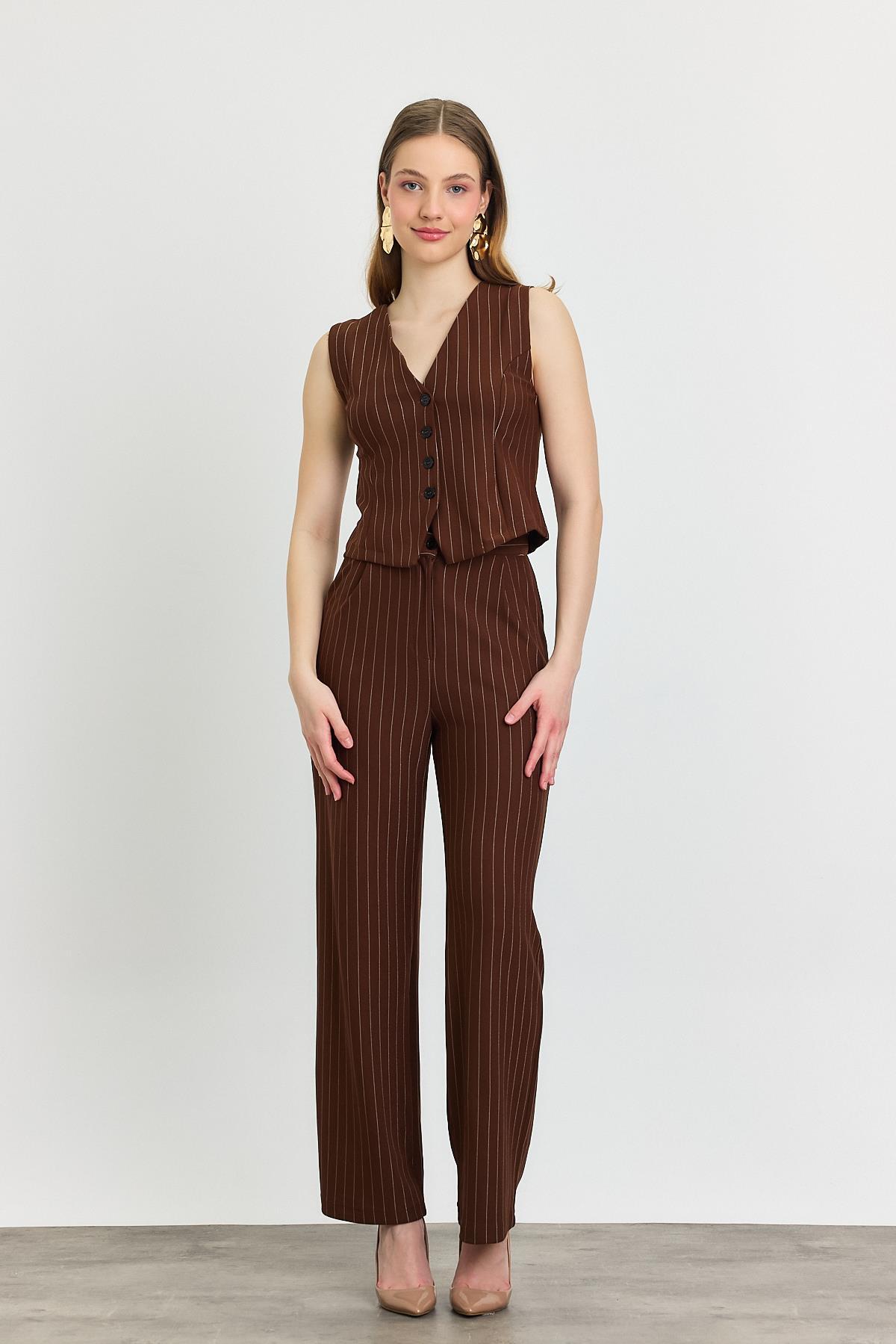 6622A Önü Düğmeli Çizgili Yelek Pantolon Takım Kahve - RAYS