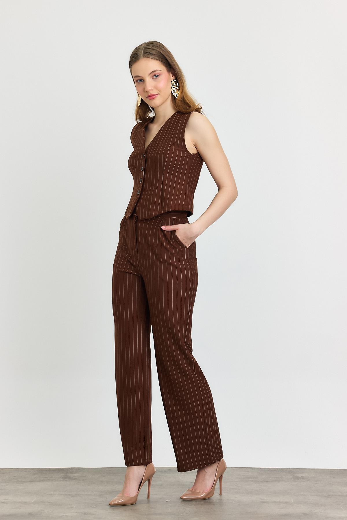 6622A Önü Düğmeli Çizgili Yelek Pantolon Takım Kahve - 8