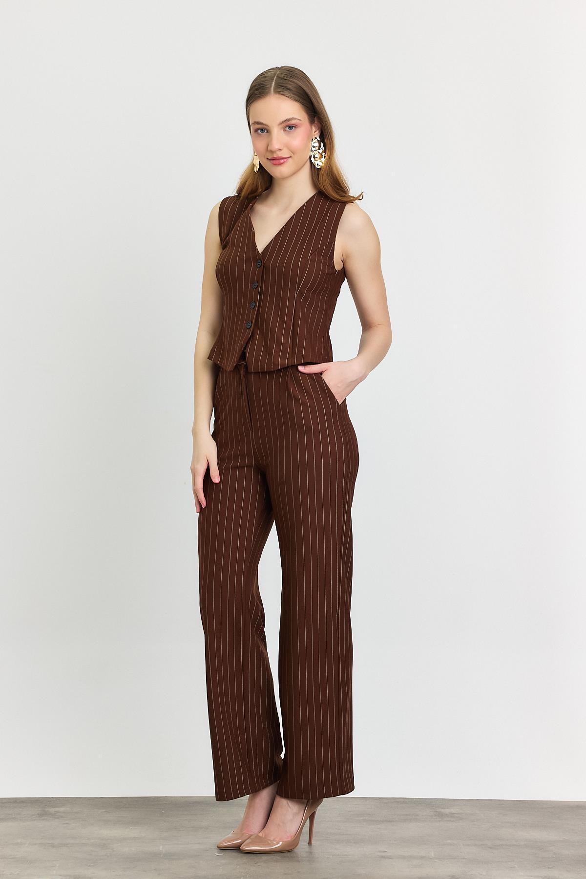 6622A Önü Düğmeli Çizgili Yelek Pantolon Takım Kahve - 2