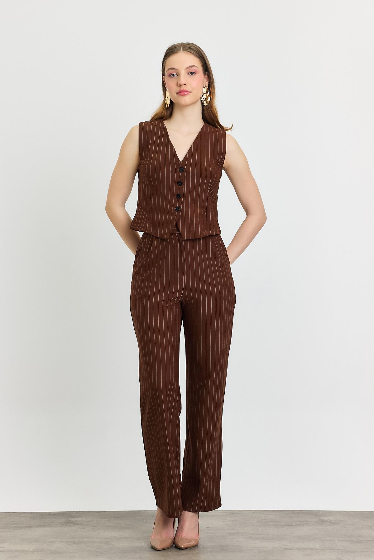 6622A Önü Düğmeli Çizgili Yelek Pantolon Takım Kahve - 7