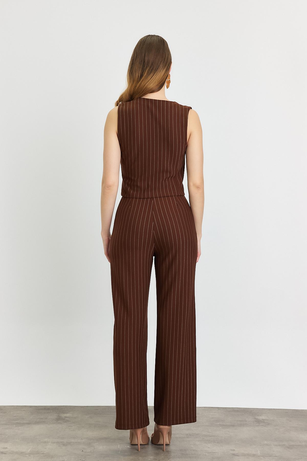 Kahve Önü Düğmeli Çizgili Yelek Takım 6622A - 5