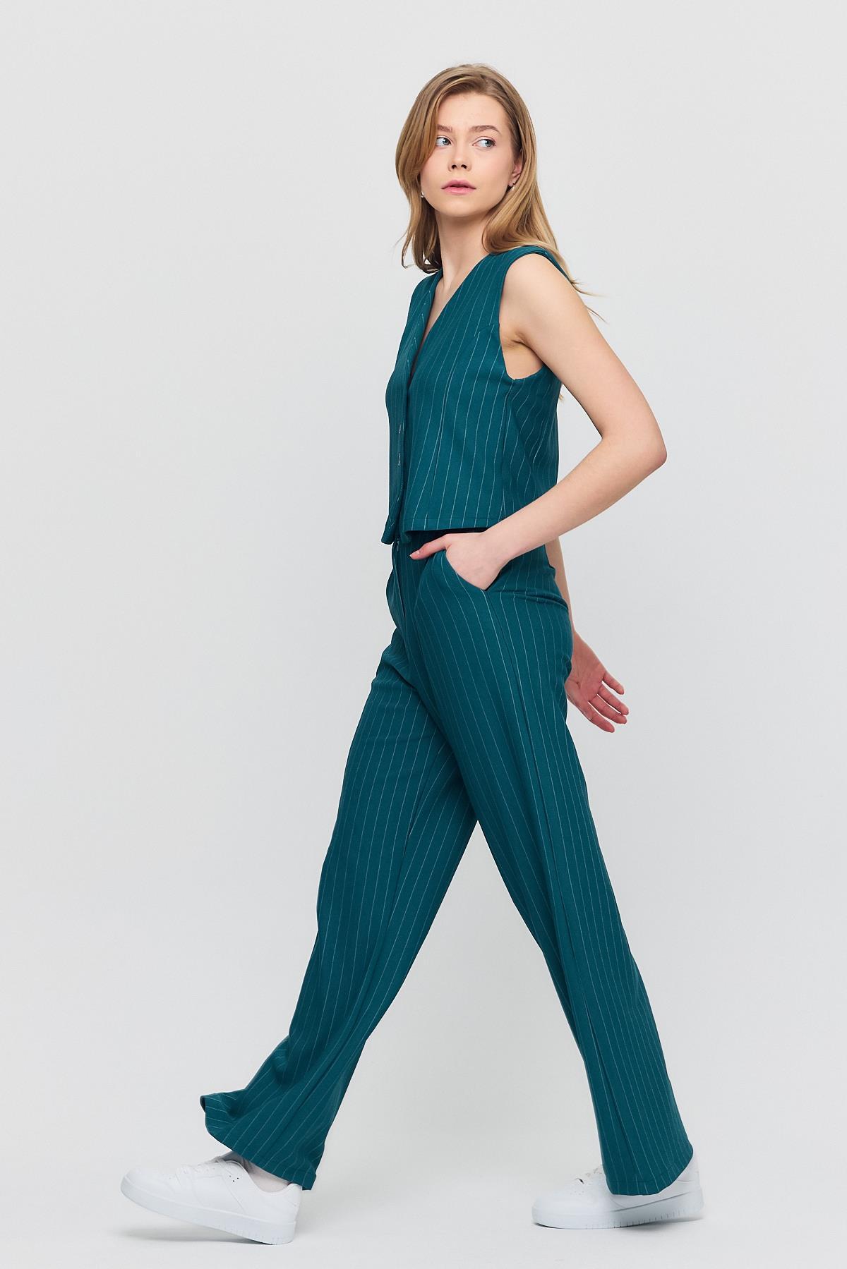 6622A Önü Düğmeli Çizgili Yelek Pantolon Takım Zümrüt - 7