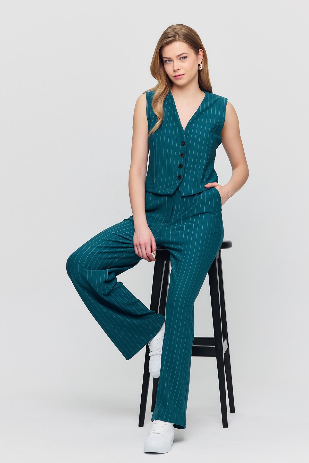 6622A Önü Düğmeli Çizgili Yelek Pantolon Takım Zümrüt 