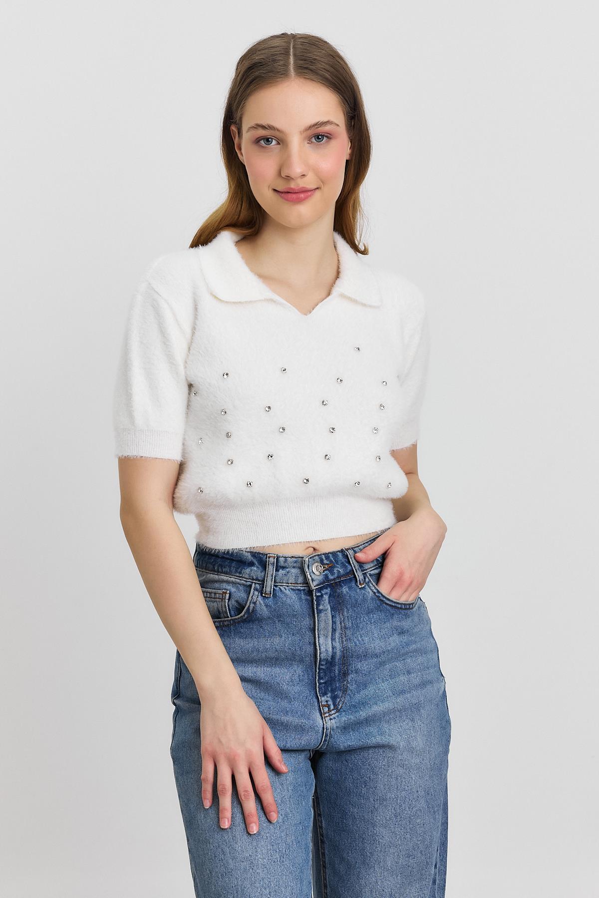 Ekru İnci Detay Yumoş Kazak 6625 - 6