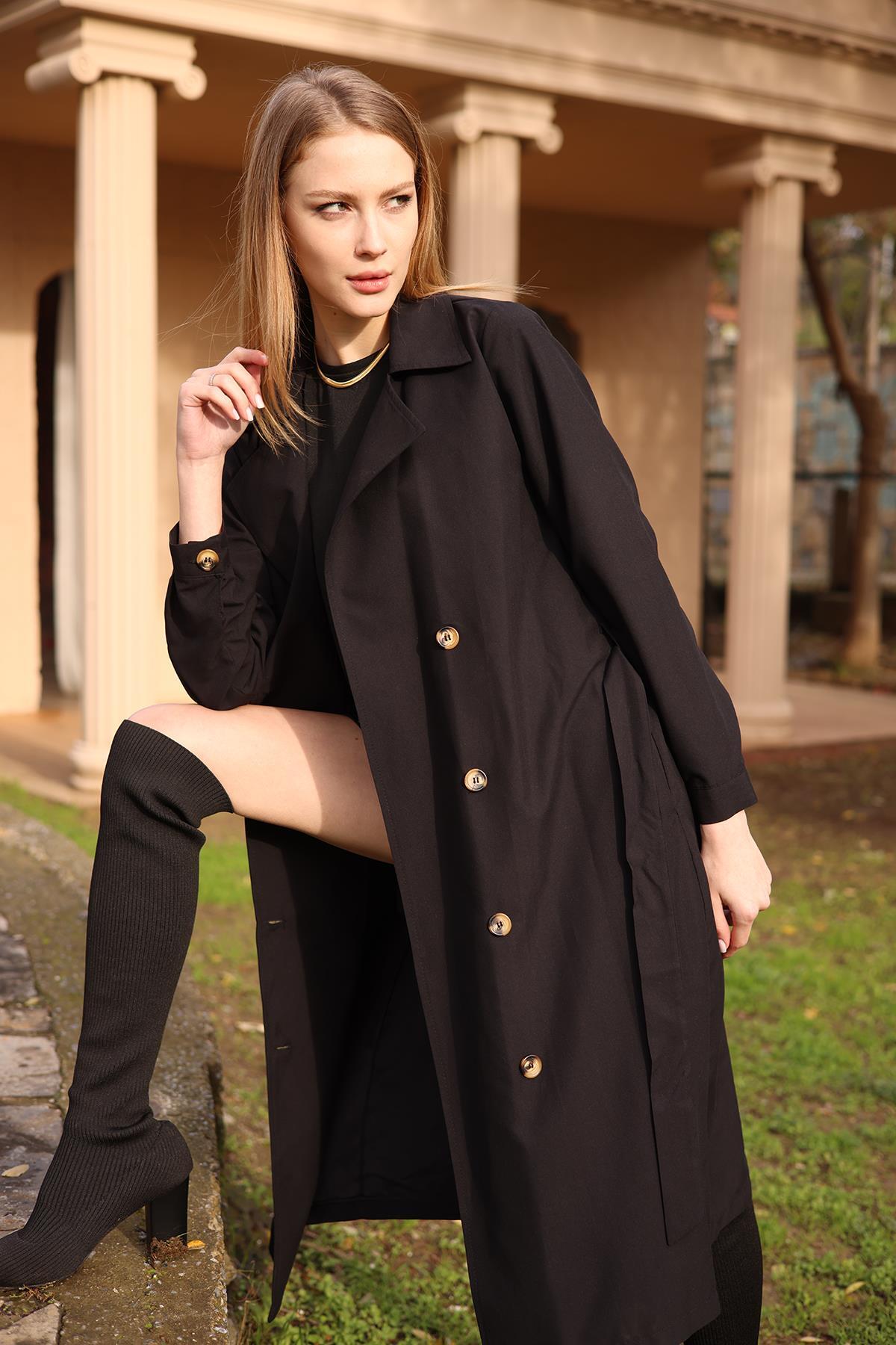 6625A Şal Yaka Trençkot Siyah - 5