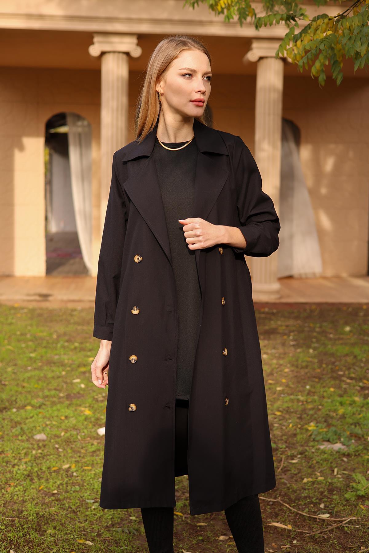 Siyah Şal Yaka Trençkot 6625A - 1