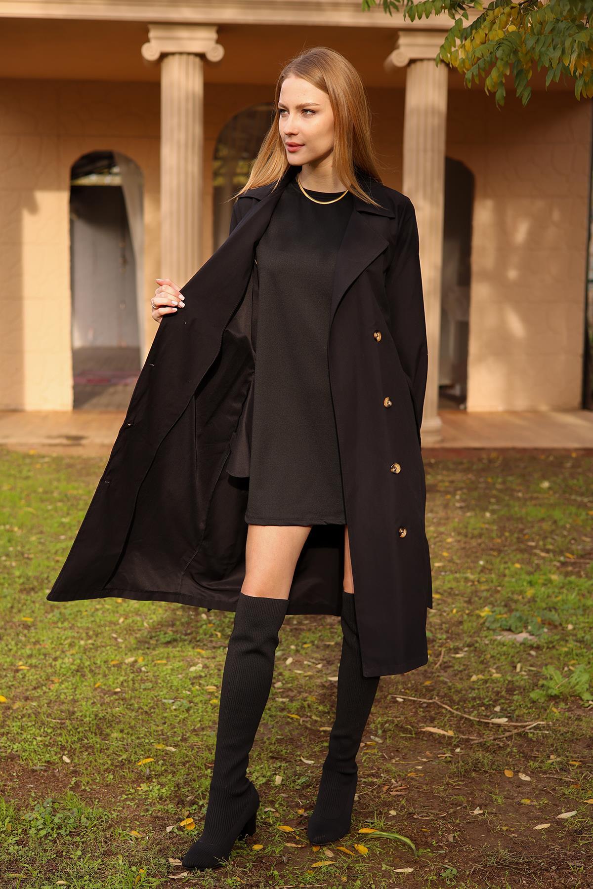 Siyah Şal Yaka Trençkot 6625A - 3