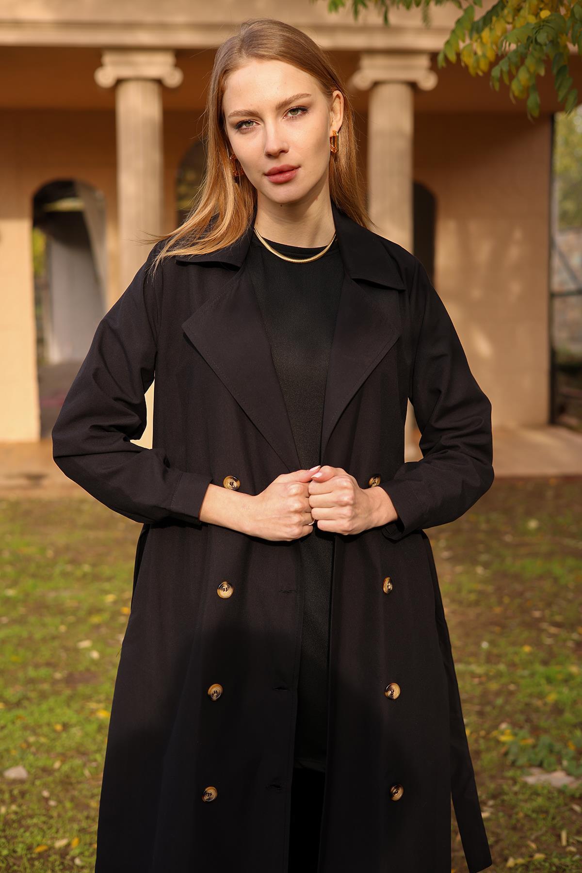 Siyah Şal Yaka Trençkot 6625A - 4