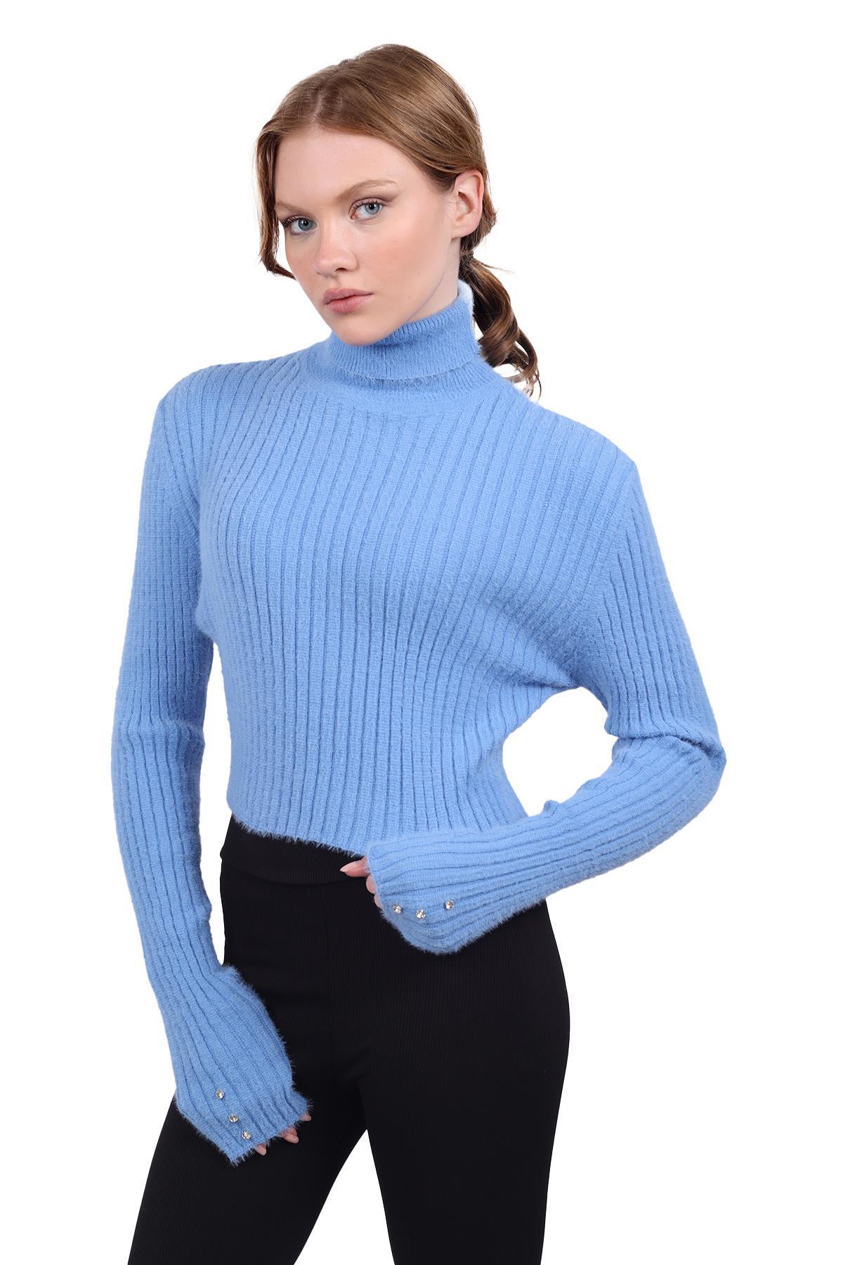 6627 Boğazlı Kol Taş Detay Yumoş Kazak Bebe Mavi 