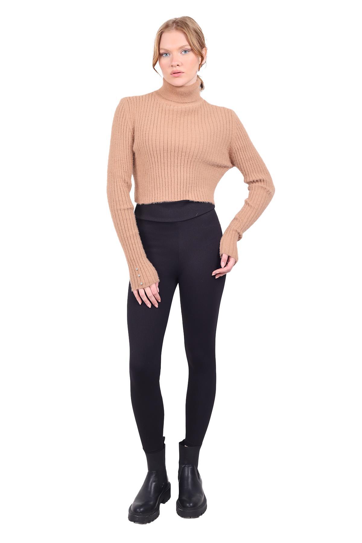 Boğazlı Kol Taş Detay Yumoş Kazak 6627 Camel - 1