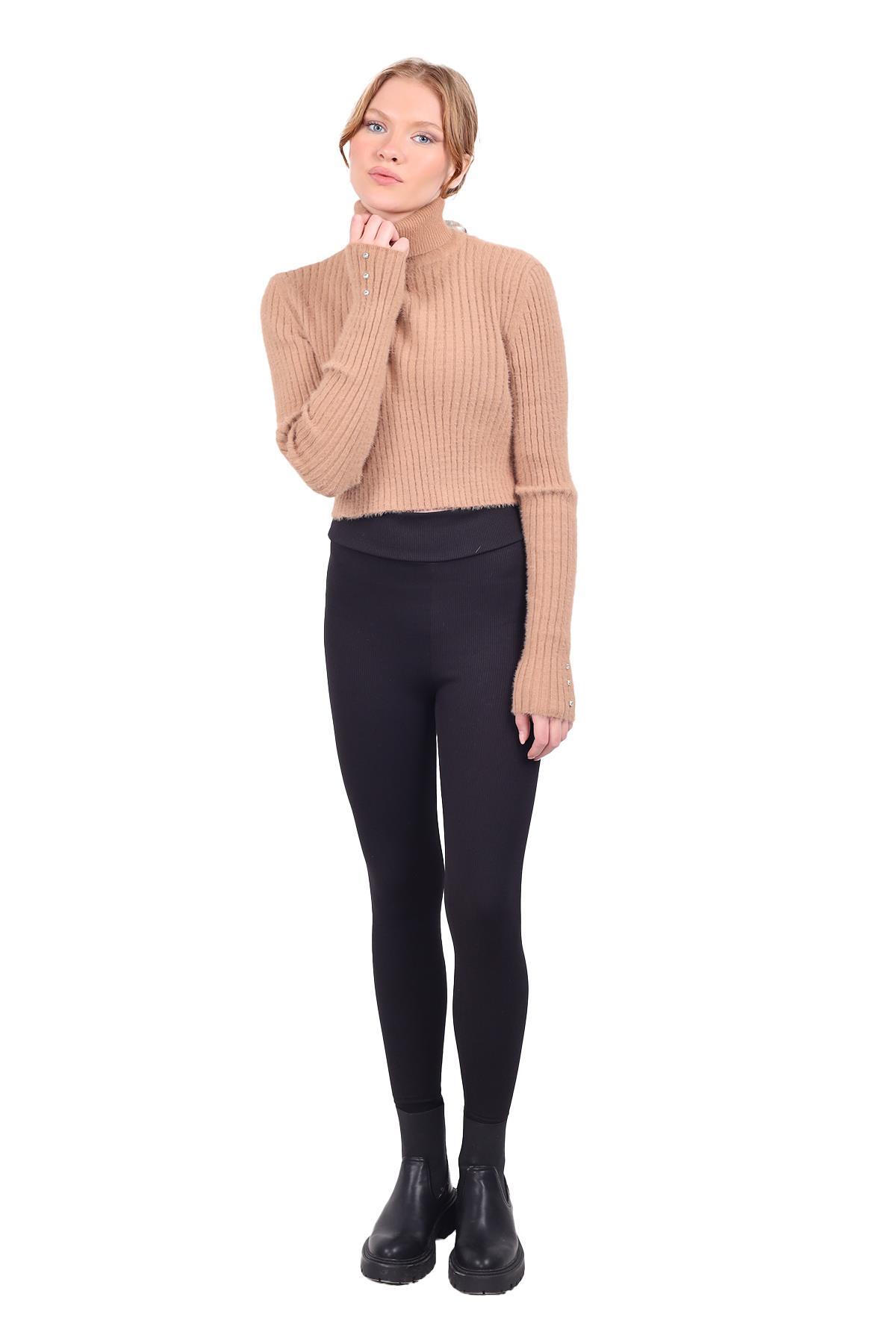 Boğazlı Kol Taş Detay Yumoş Kazak 6627 Camel - 2