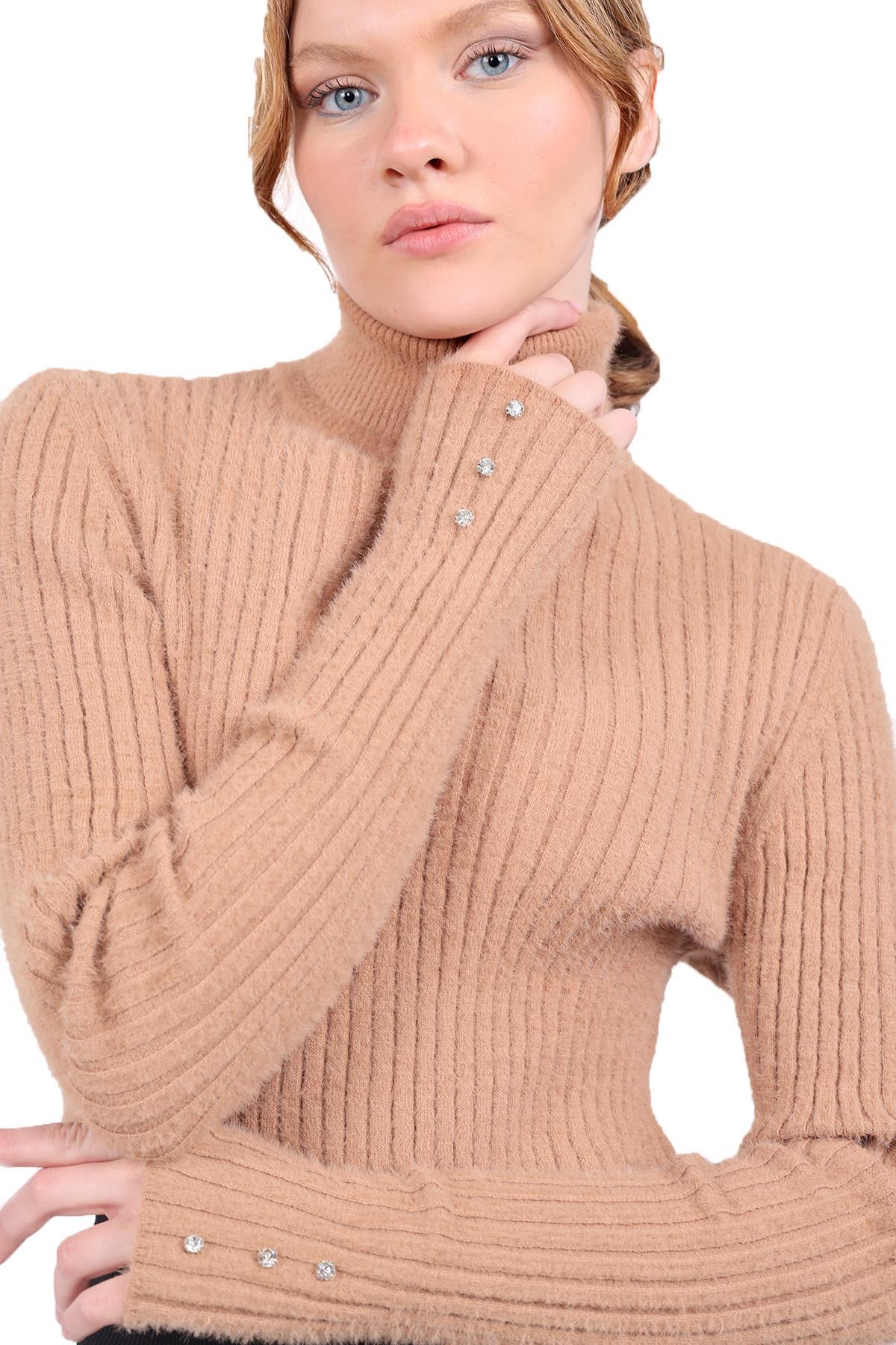 Boğazlı Kol Taş Detay Yumoş Kazak 6627 Camel - 3