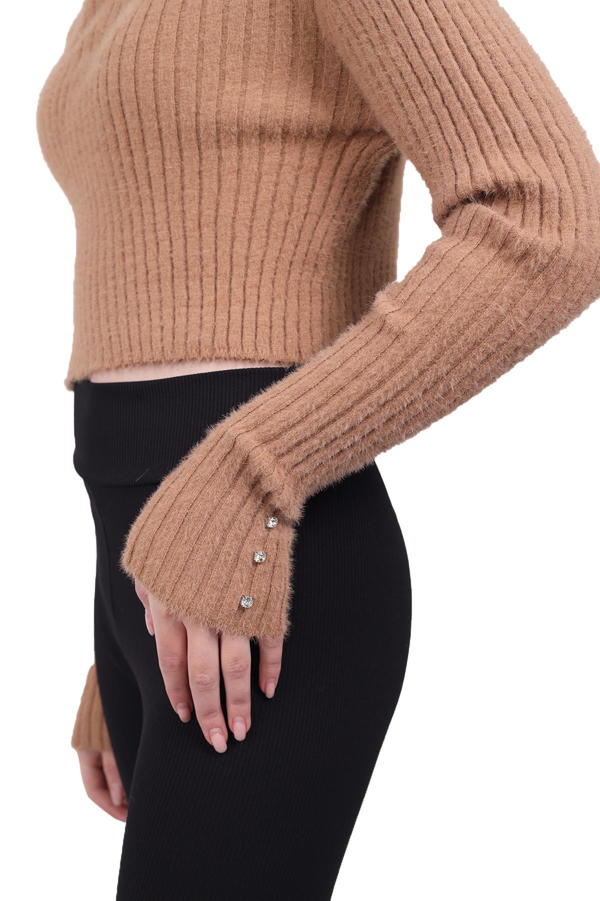 Boğazlı Kol Taş Detay Yumoş Kazak 6627 Camel - 5