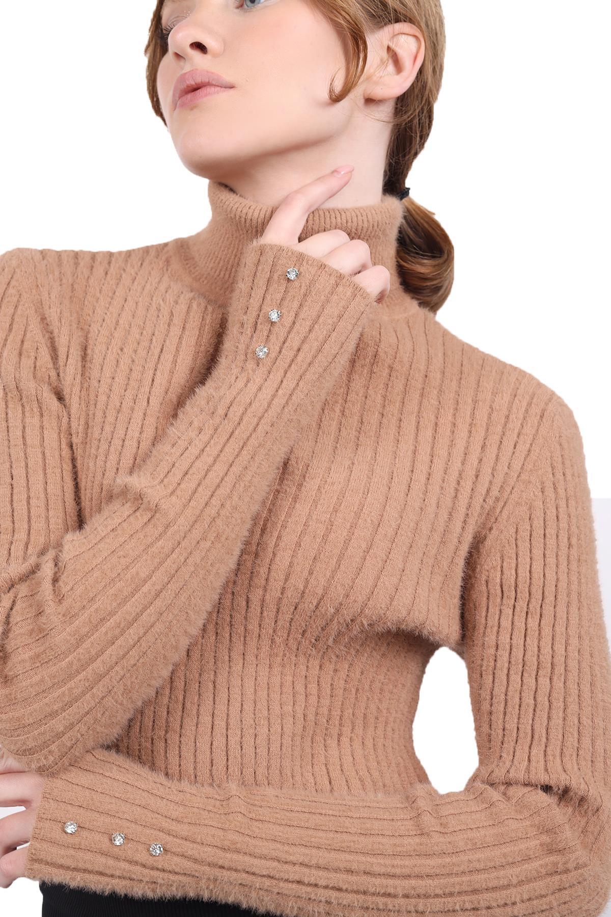 Boğazlı Kol Taş Detay Yumoş Kazak 6627 Camel - 7