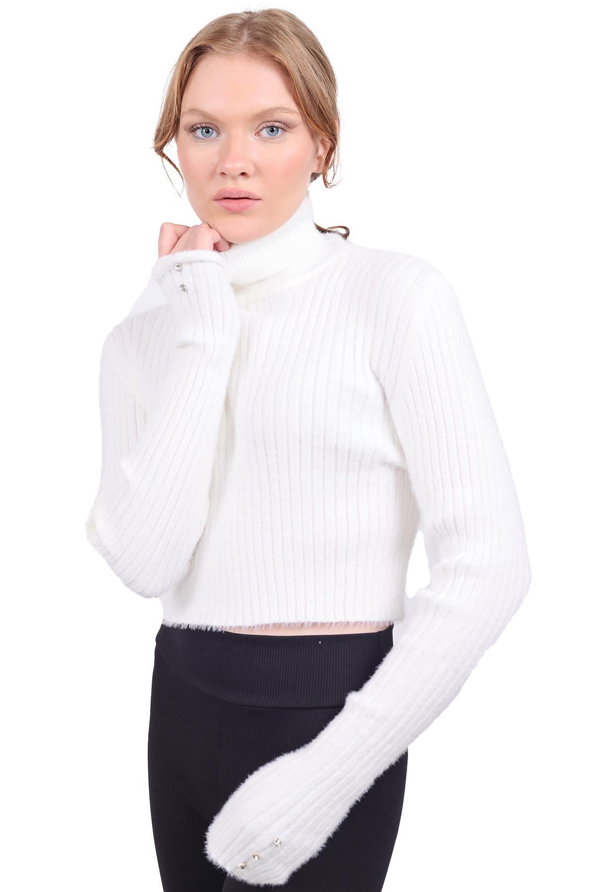 6627 Boğazlı Kol Taş Detay Yumoş Kazak Ekru 