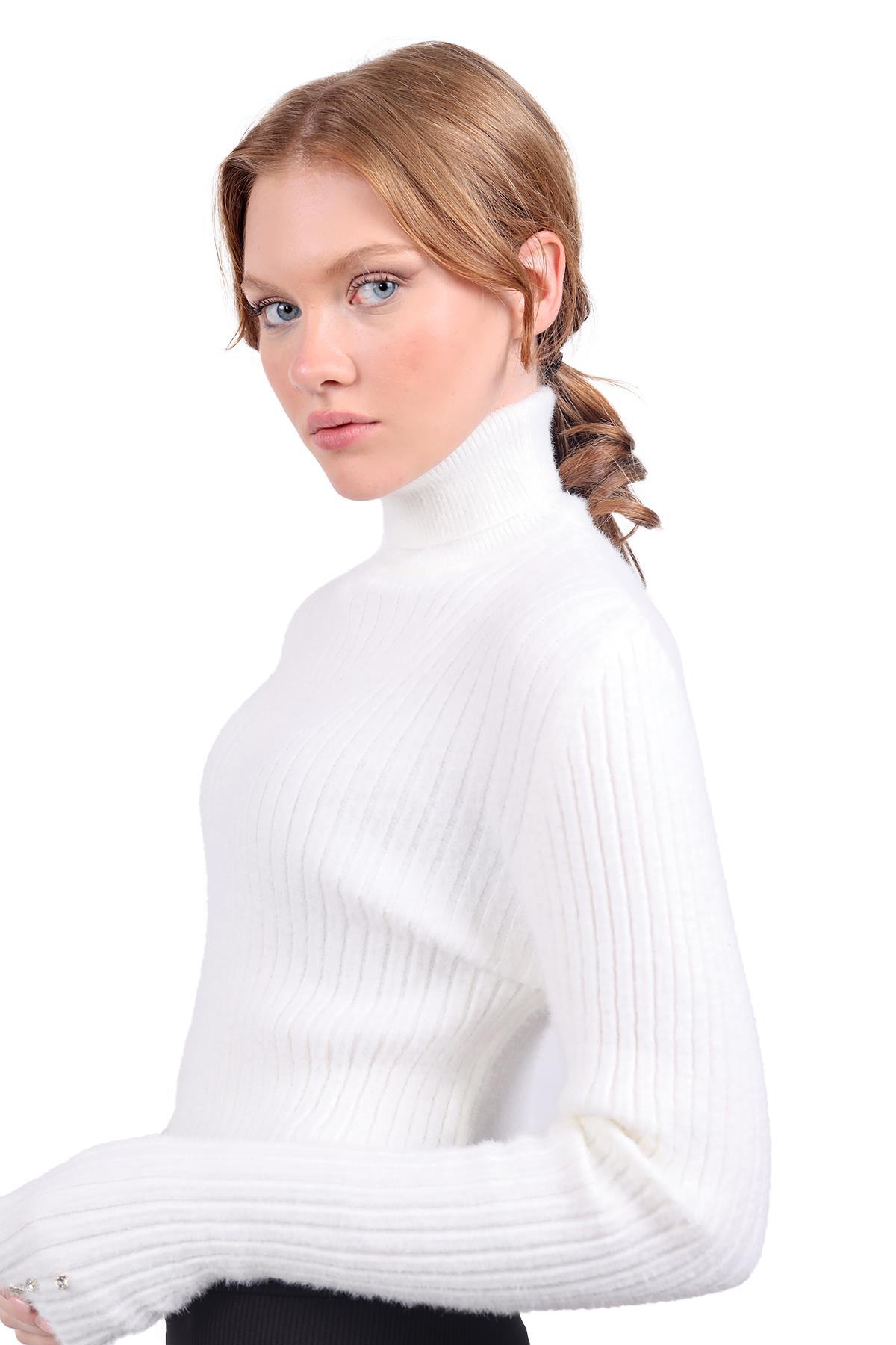 Ekru Boğazlı Kol Taş Detay Yumoş Kazak 6627 - 3