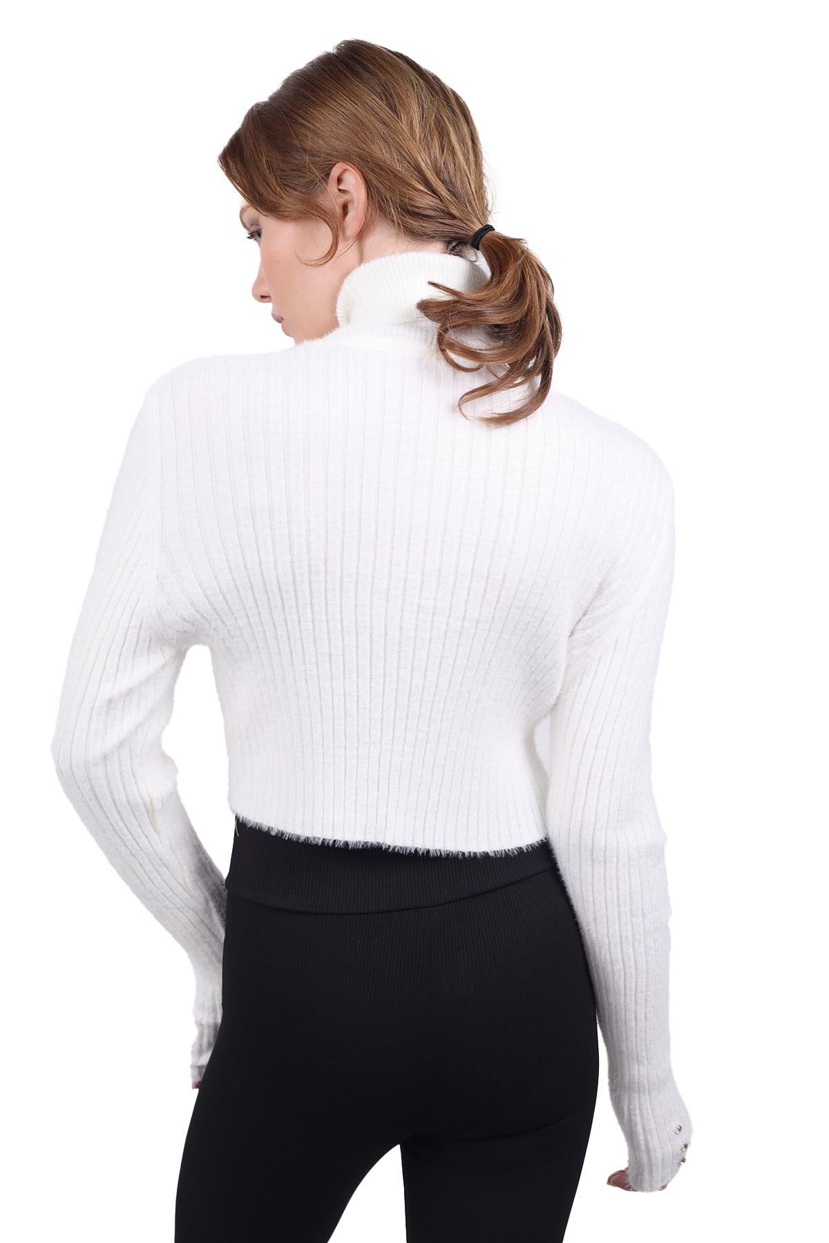 Ekru Boğazlı Kol Taş Detay Yumoş Kazak 6627 - 6