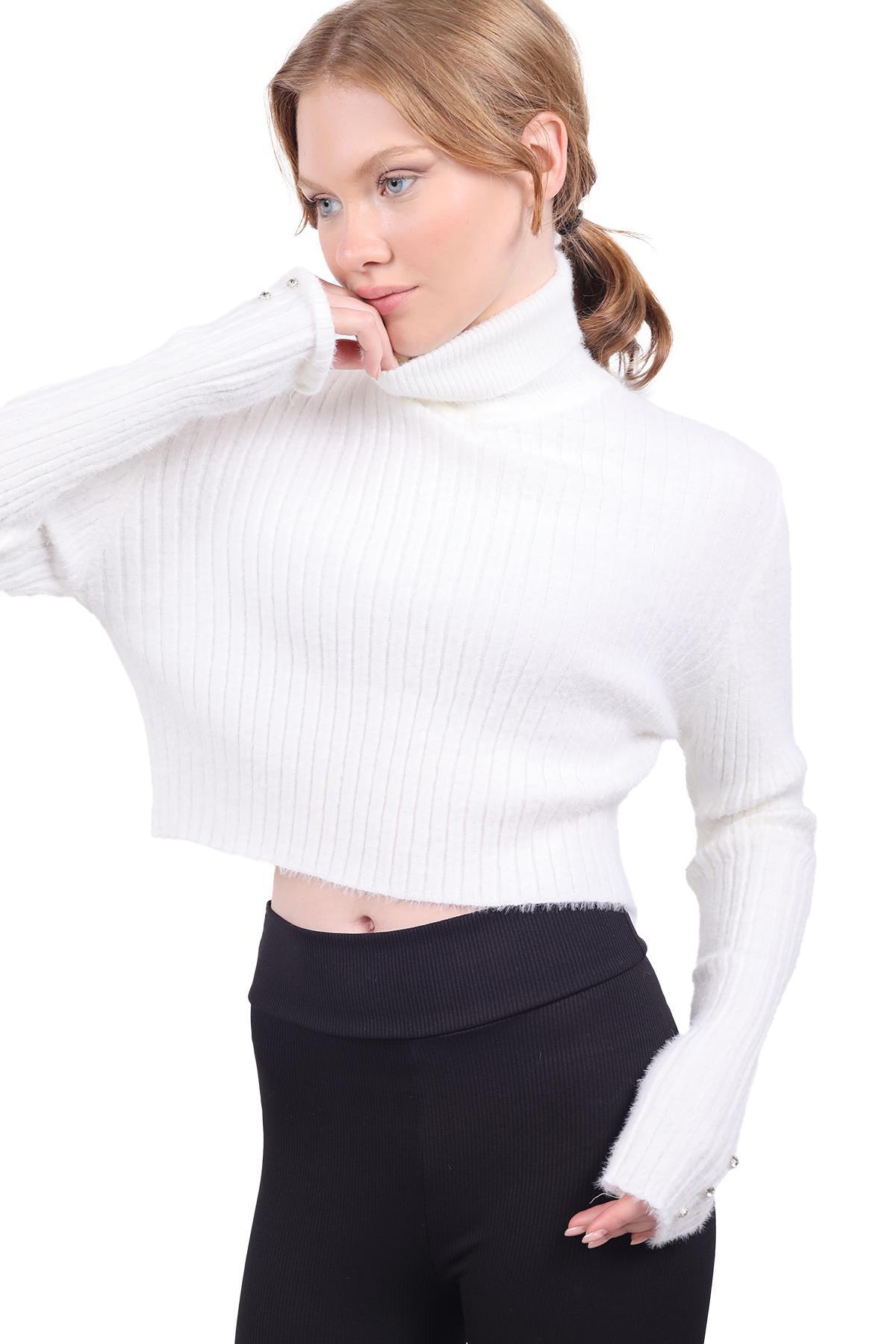 Ekru Boğazlı Kol Taş Detay Yumoş Kazak 6627 - 8