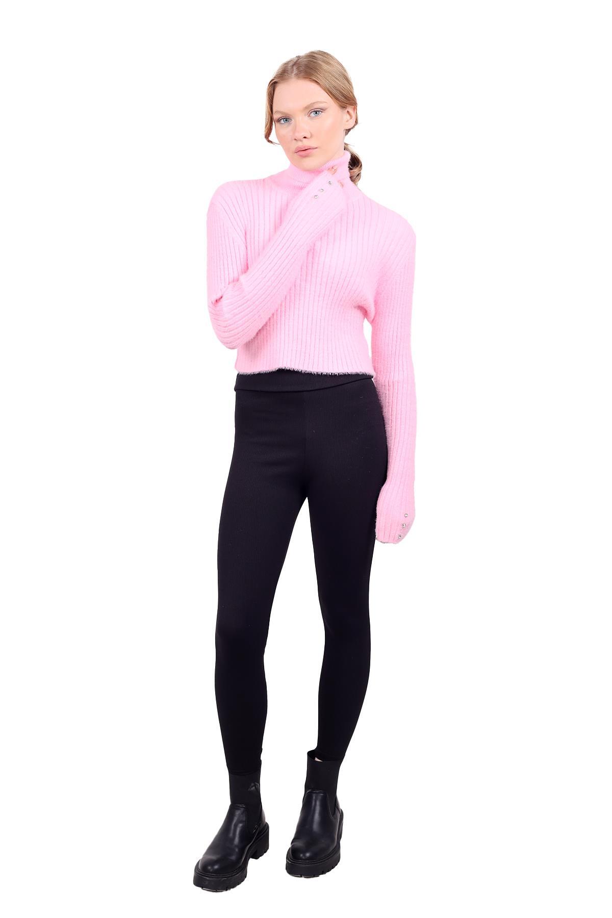 Boğazlı Kol Taş Detay Yumoş Kazak 6627 Pembe - 2