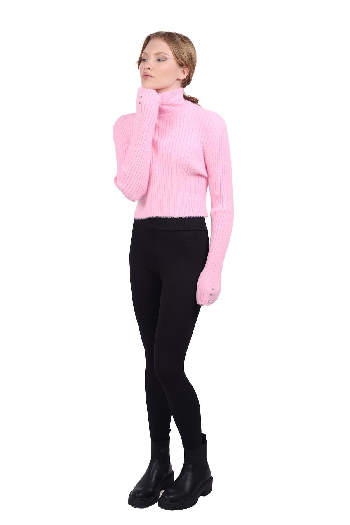 Boğazlı Kol Taş Detay Yumoş Kazak 6627 Pembe - 7