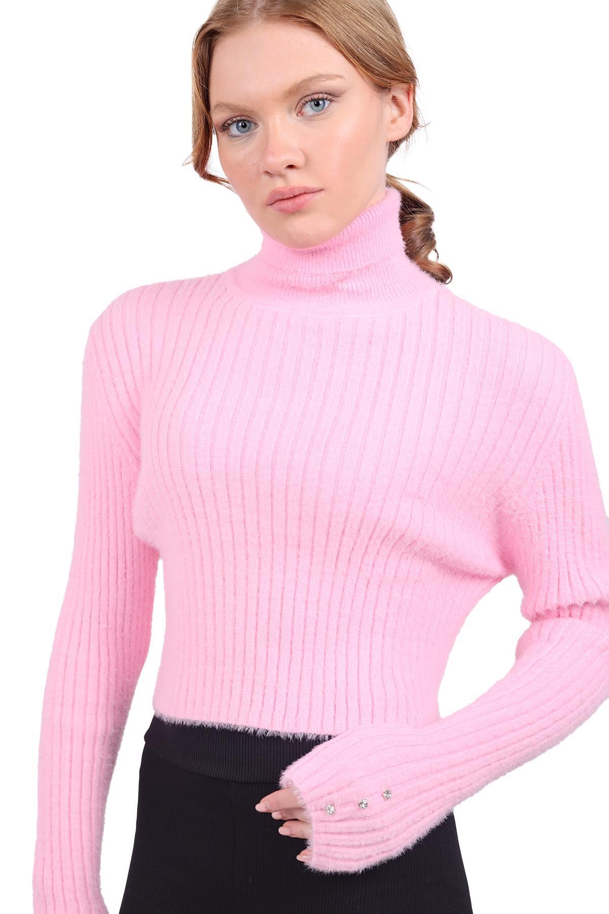 6627 Boğazlı Kol Taş Detay Yumoş Kazak Pembe - 1