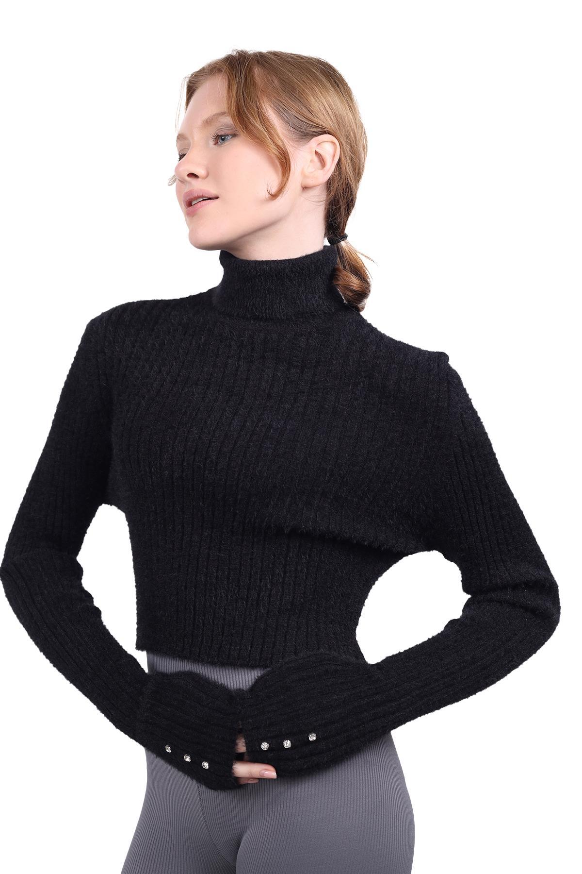 Siyah Boğazlı Kol Taş Detay Yumoş Kazak 6627 - 6