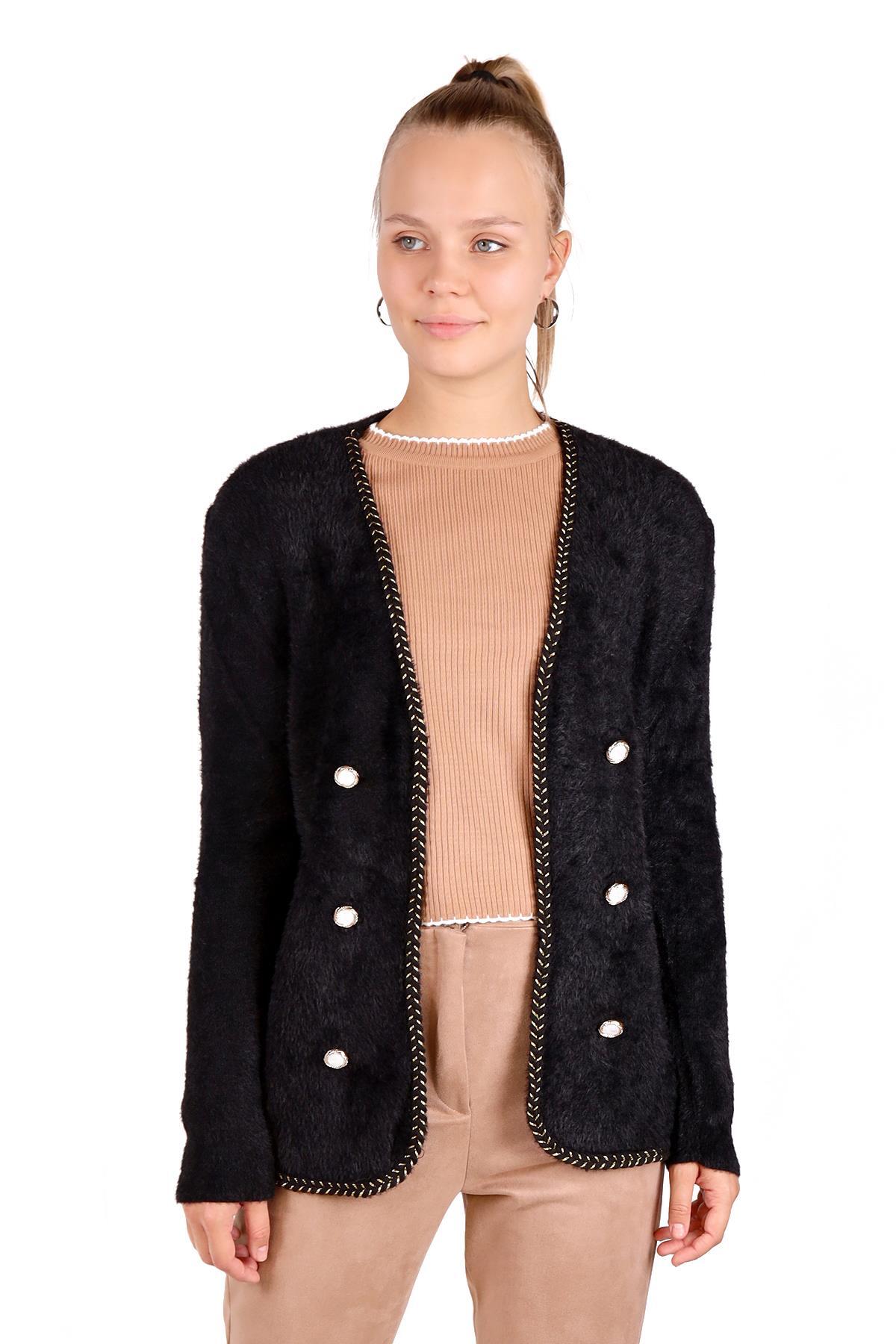 Siyah Örgü Detay Yumoş Hırka 6635 