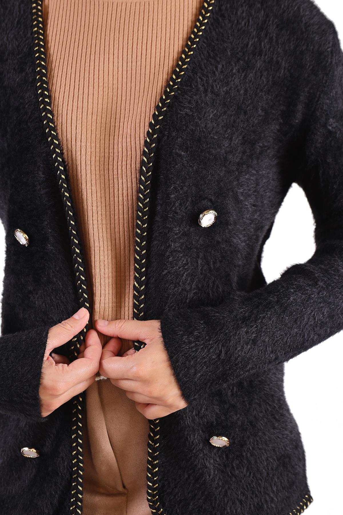 Siyah Örgü Detay Yumoş Hırka 6635 - 7