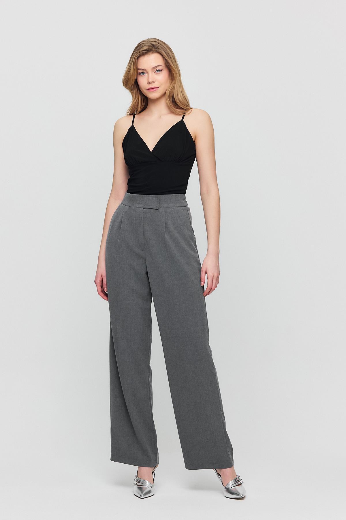 Gri Cırtlı Beli Lastik Detay Pantolon 6642 - 1