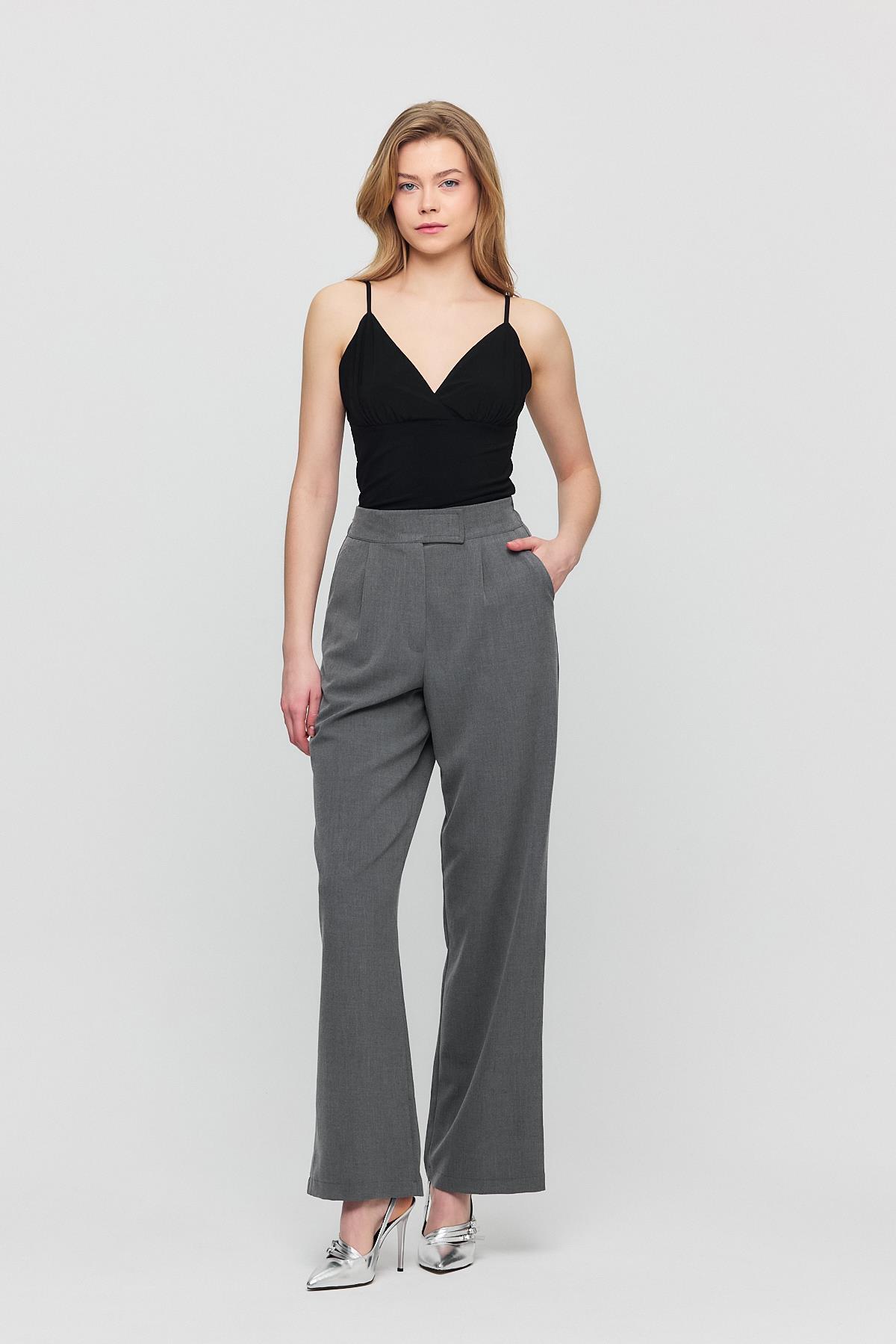 Gri Cırtlı Beli Lastik Detay Pantolon 6642 - 7