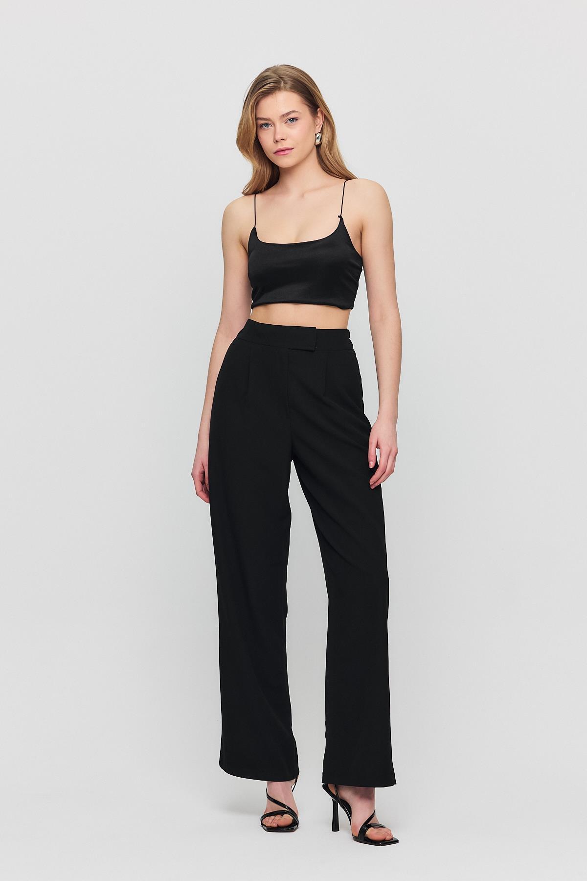 6642 Cırtlı Beli Lastik Detay Pantolon Siyah - 1