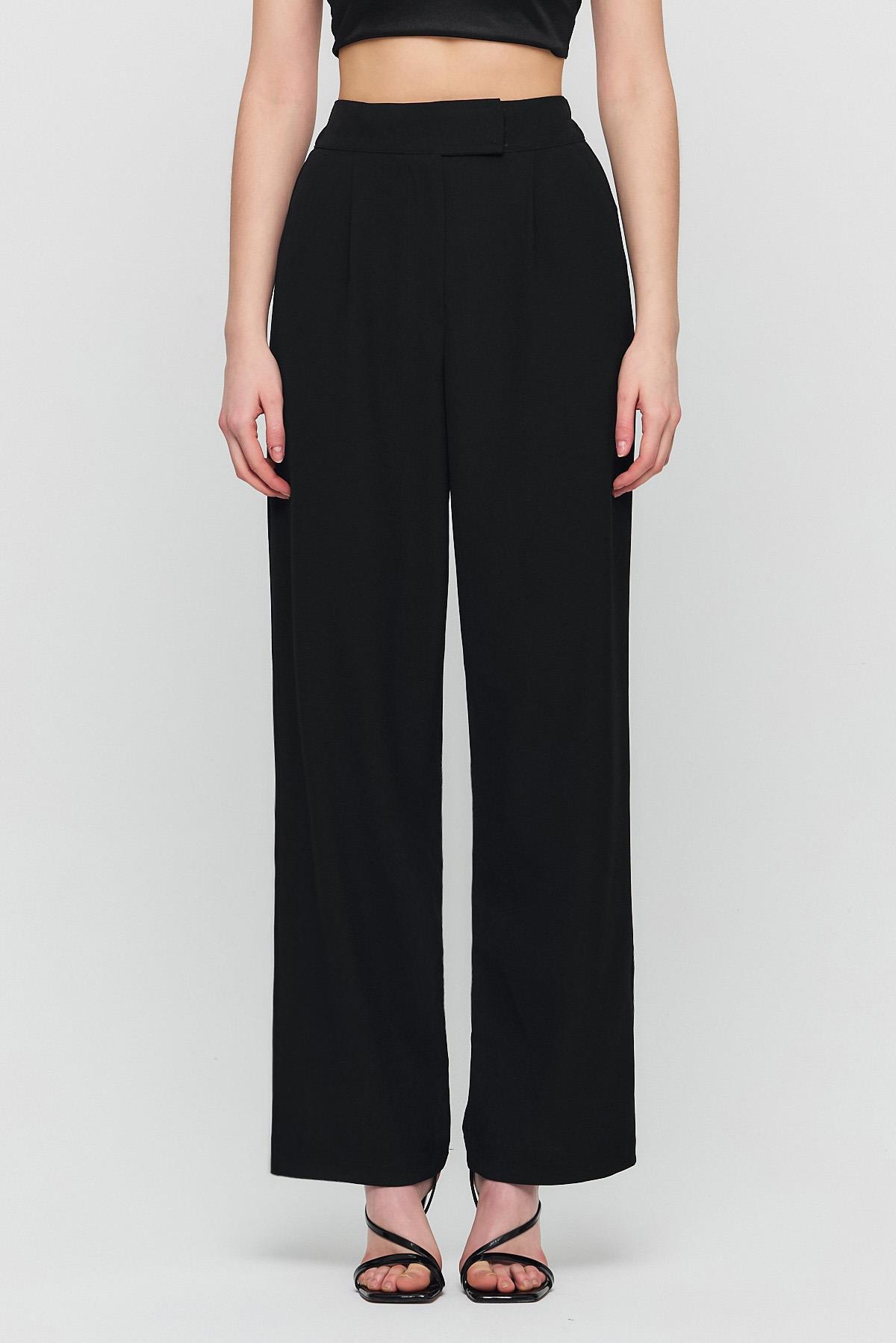 6642 Cırtlı Beli Lastik Detay Pantolon Siyah - 3
