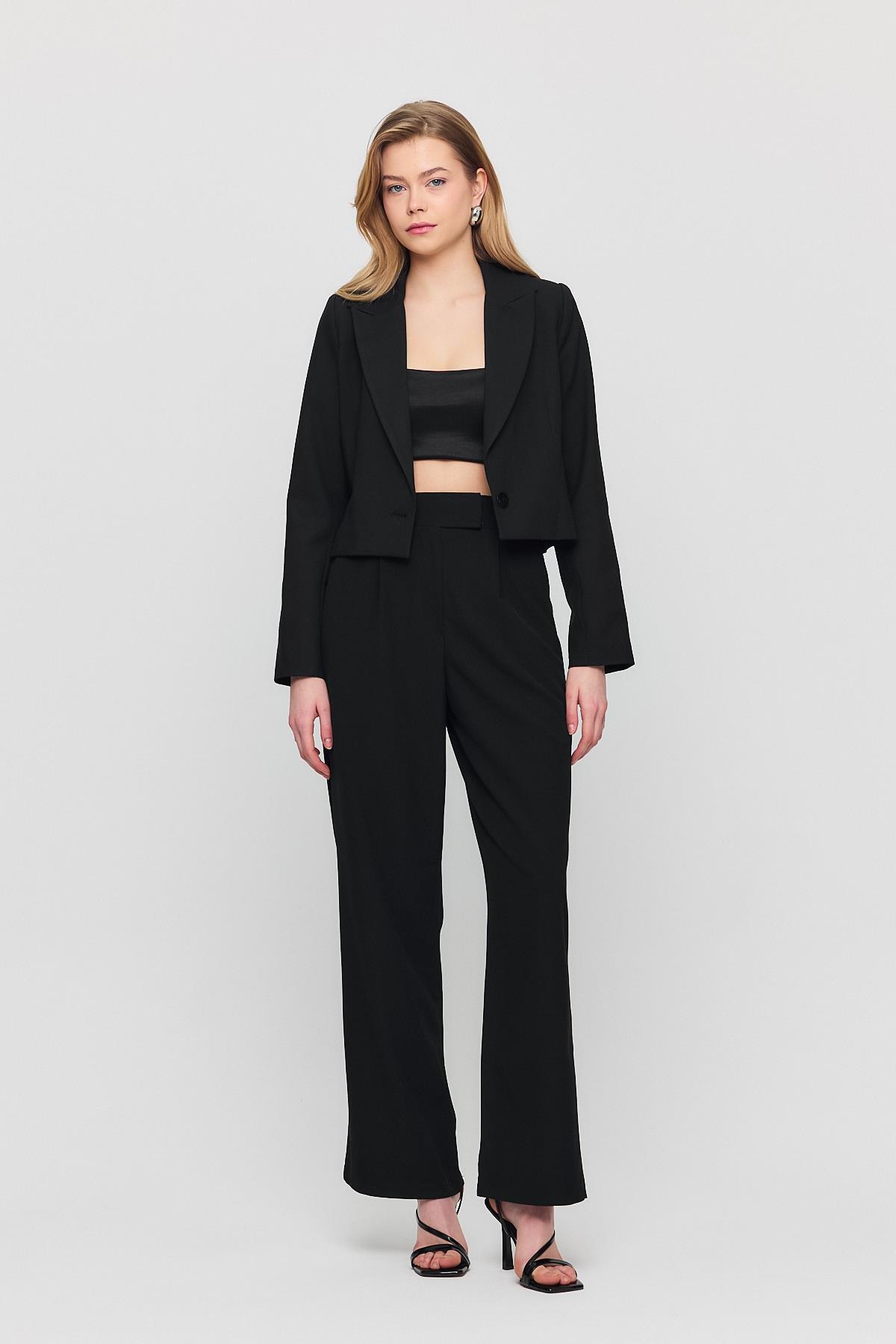 Siyah Cırtlı Beli Lastik Detay Pantolon 6642 - 2