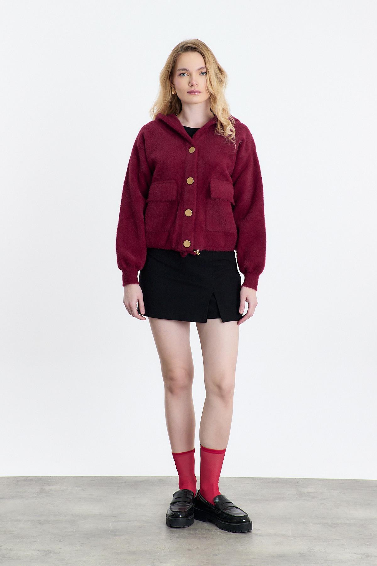 Bordo Kapüşonlu Cepli Hırka 6642 - 1