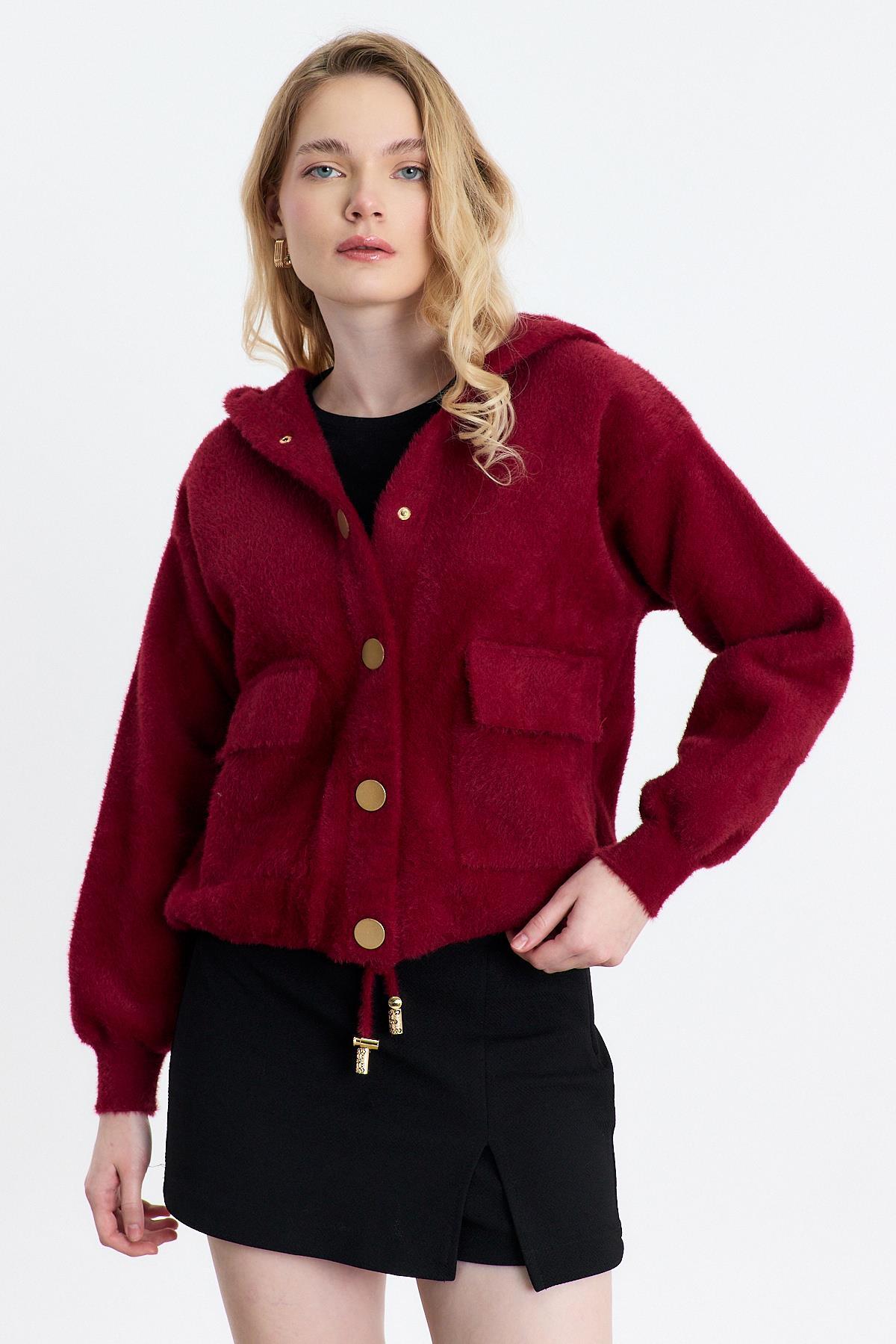 Bordo Kapüşonlu Cepli Hırka 6642 - 2