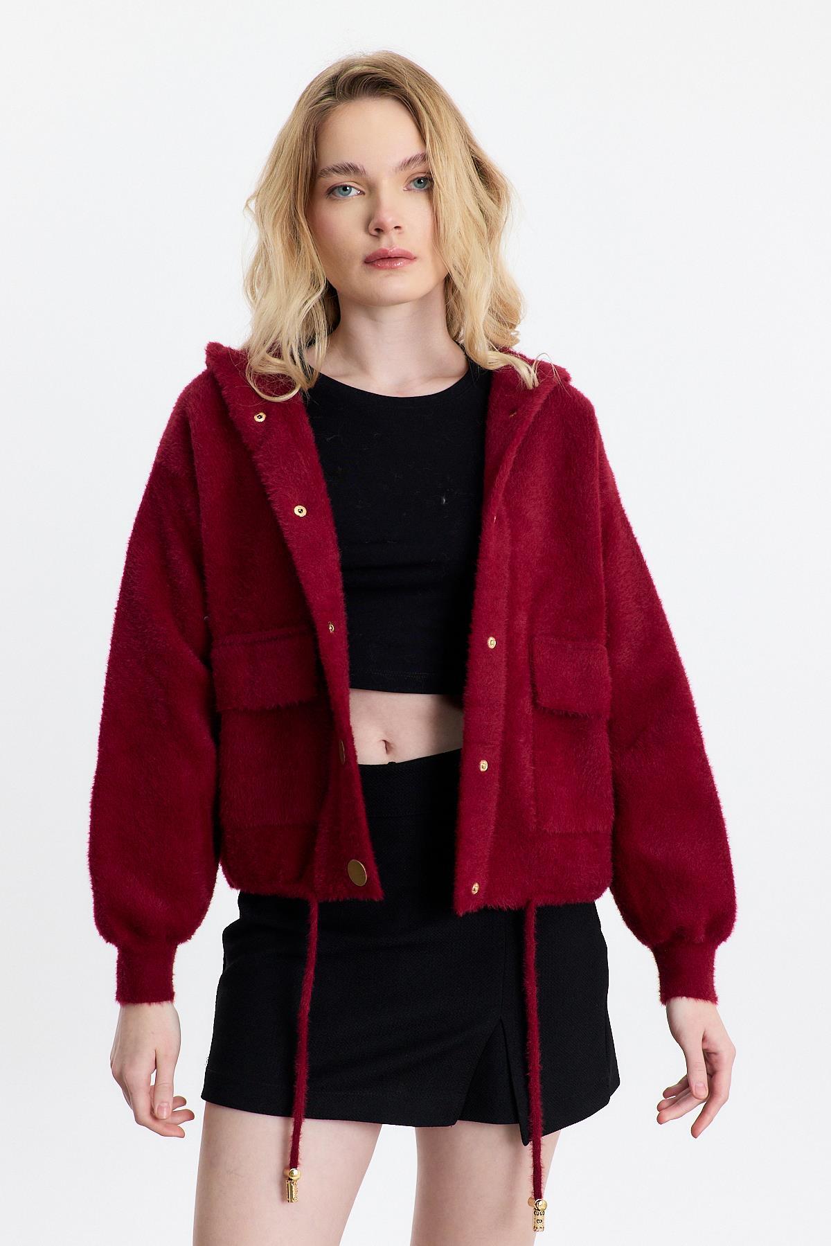 Bordo Kapüşonlu Cepli Hırka 6642 - 3