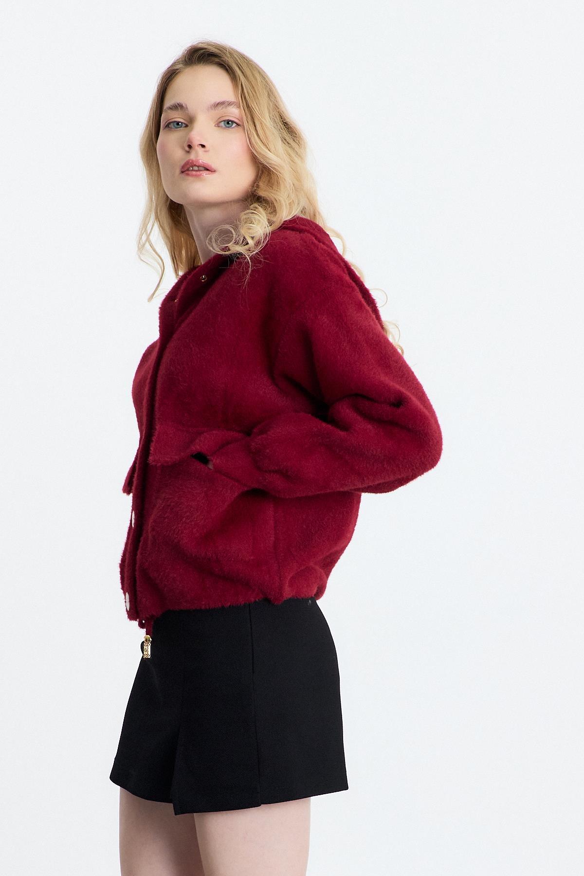 Bordo Kapüşonlu Cepli Hırka 6642 - 4