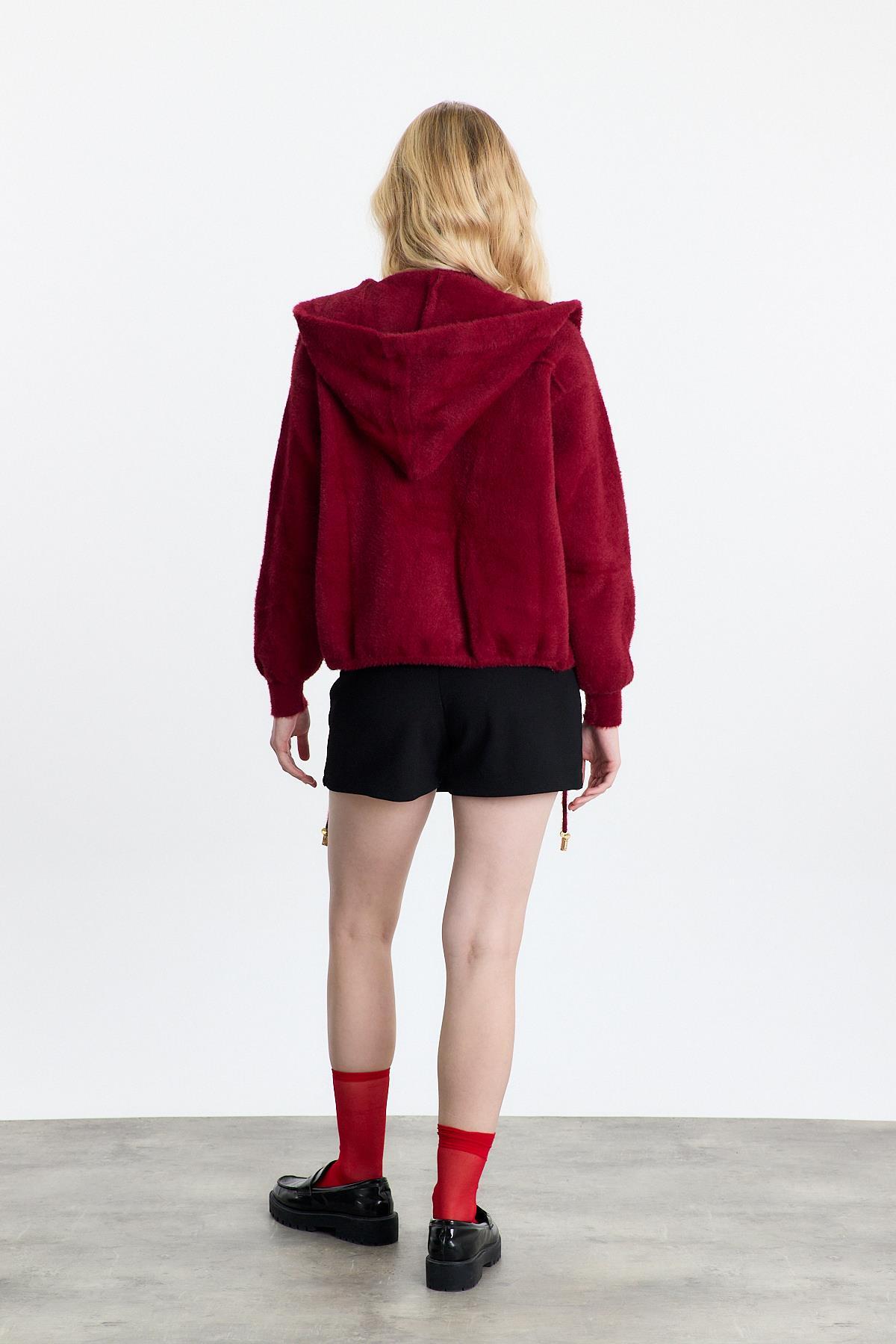 Bordo Kapüşonlu Cepli Hırka 6642 - 5