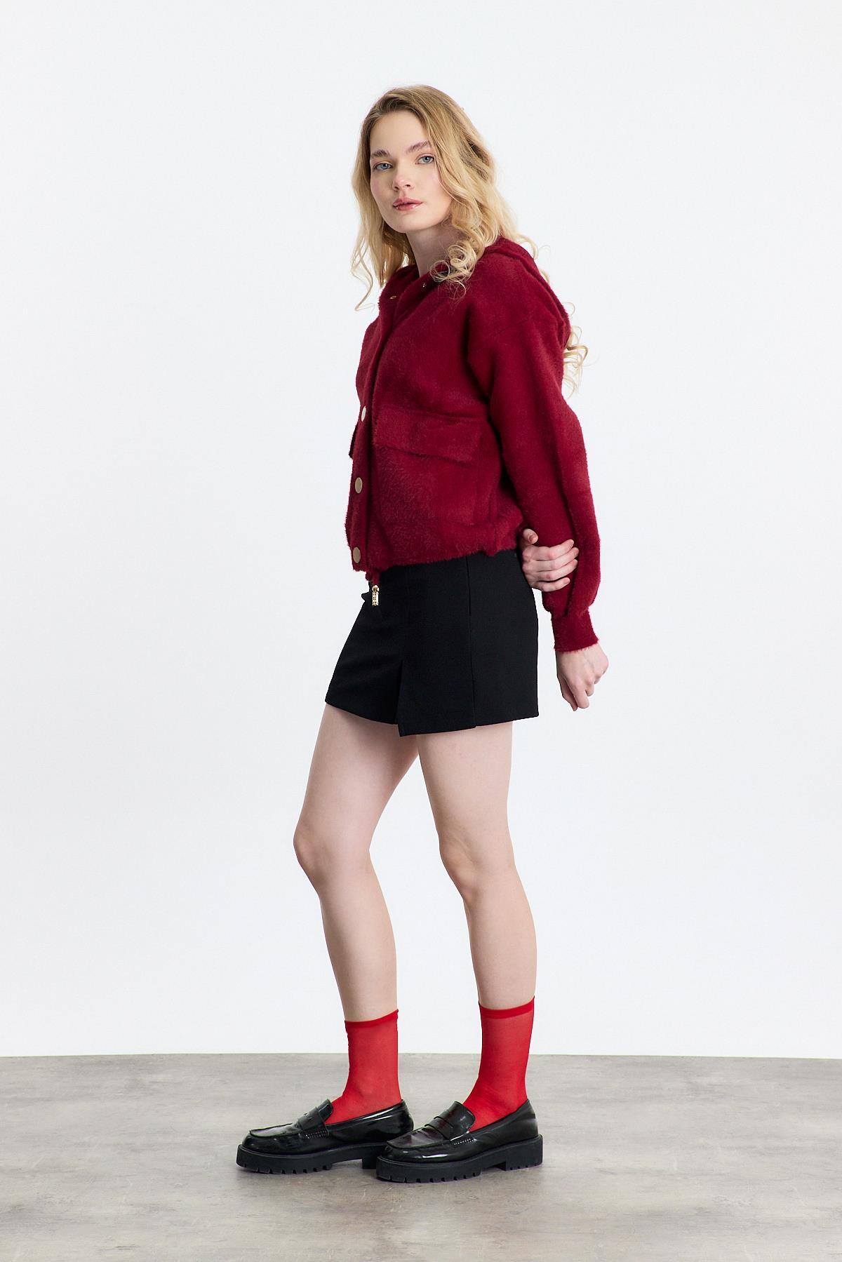 Bordo Kapüşonlu Cepli Hırka 6642 - 8