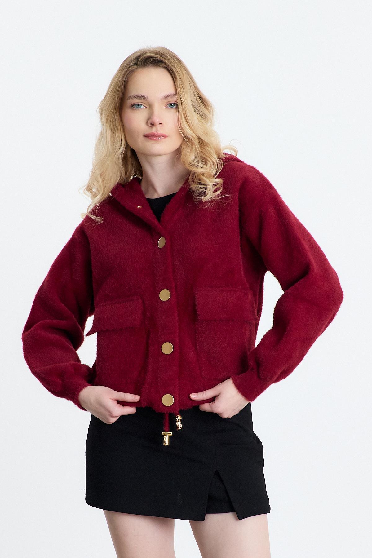 Kapüşonlu Cepli Hırka 6642 Bordo - 7