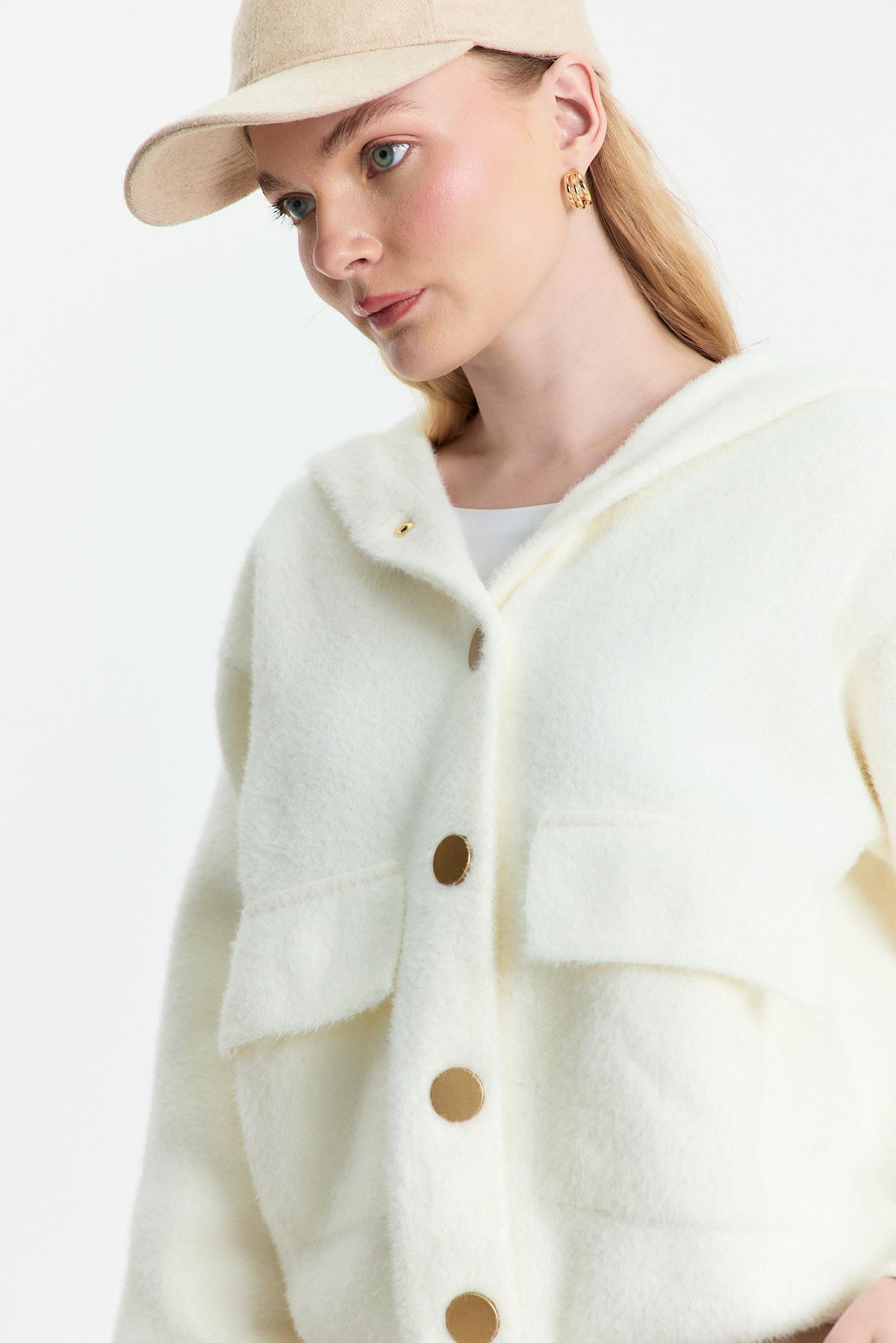 Kemik Kapüşonlu Cepli Hırka 6642 - 7