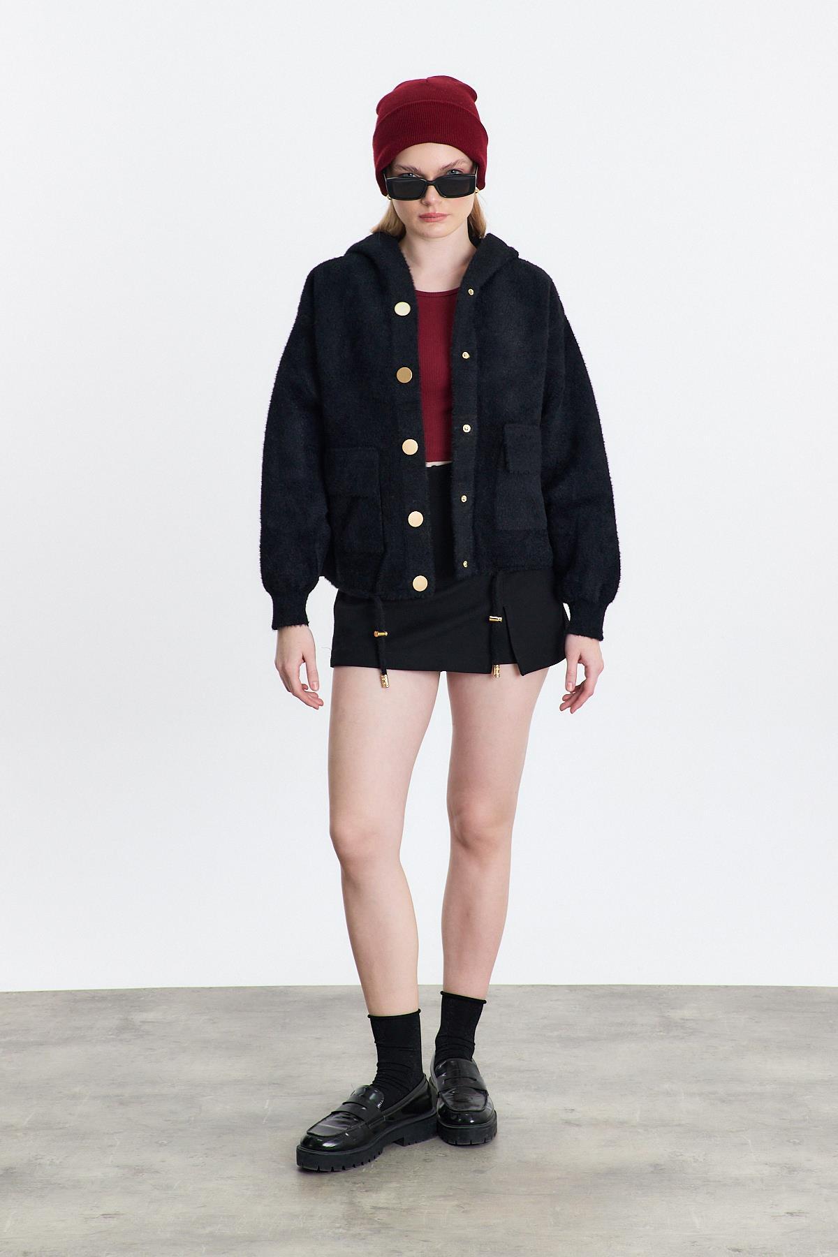 6642 Kapüşönlü Cepli Ceket Siyah - RAYS