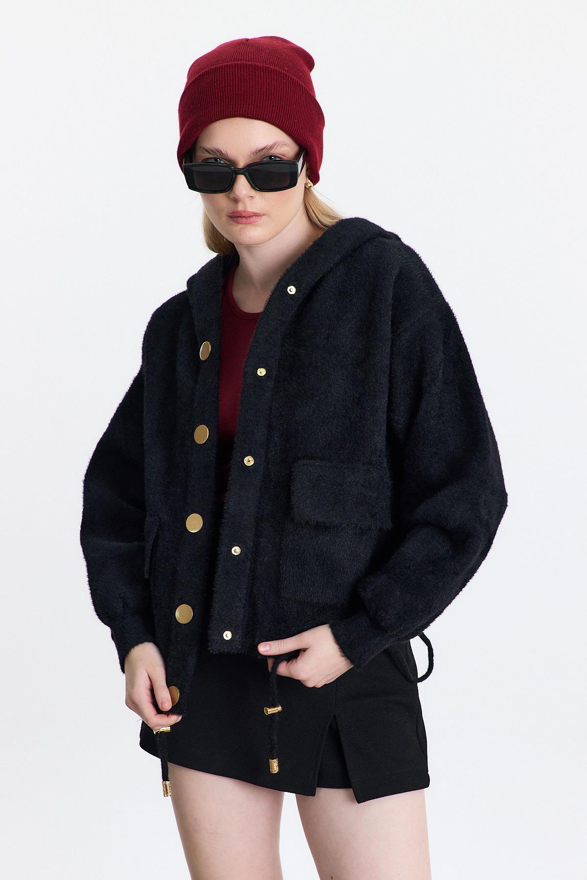 6642 Kapüşönlü Cepli Ceket Siyah - RAYS