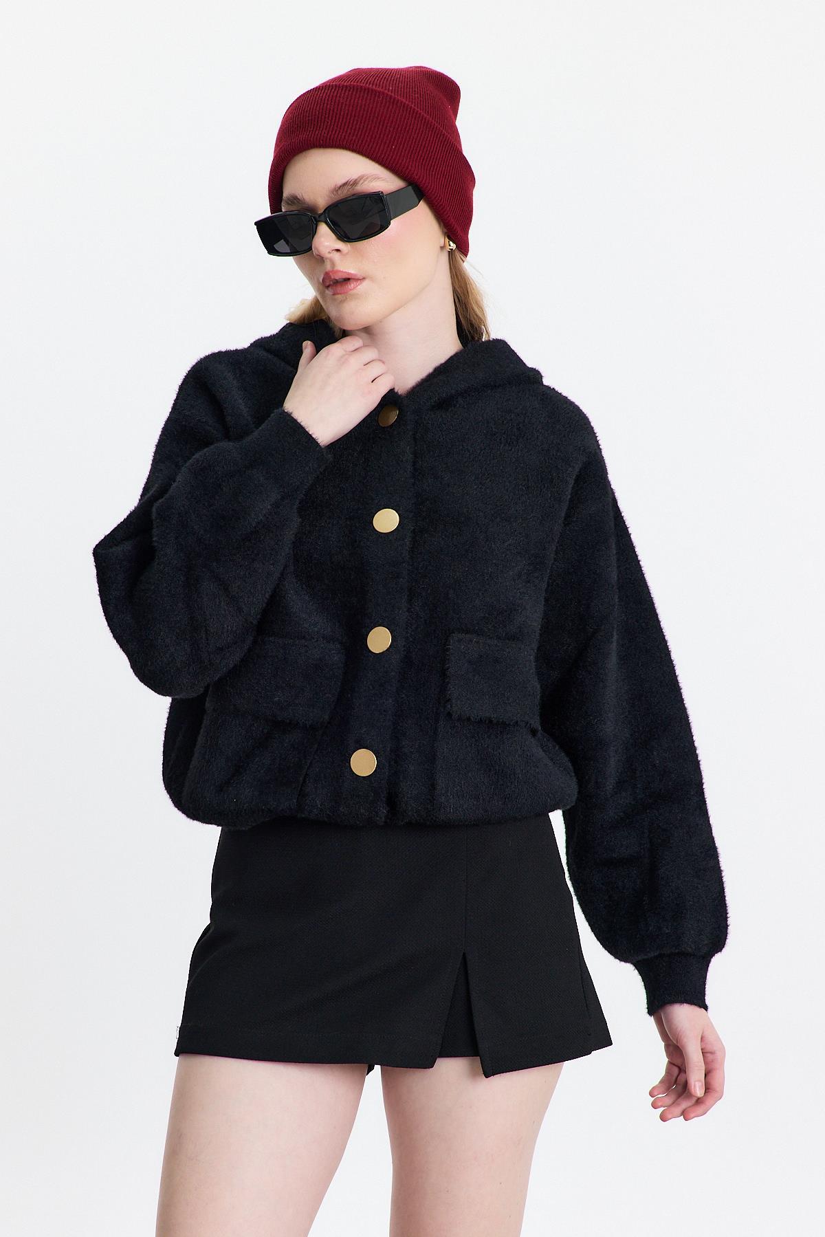 6642 Kapüşönlü Cepli Ceket Siyah - RAYS