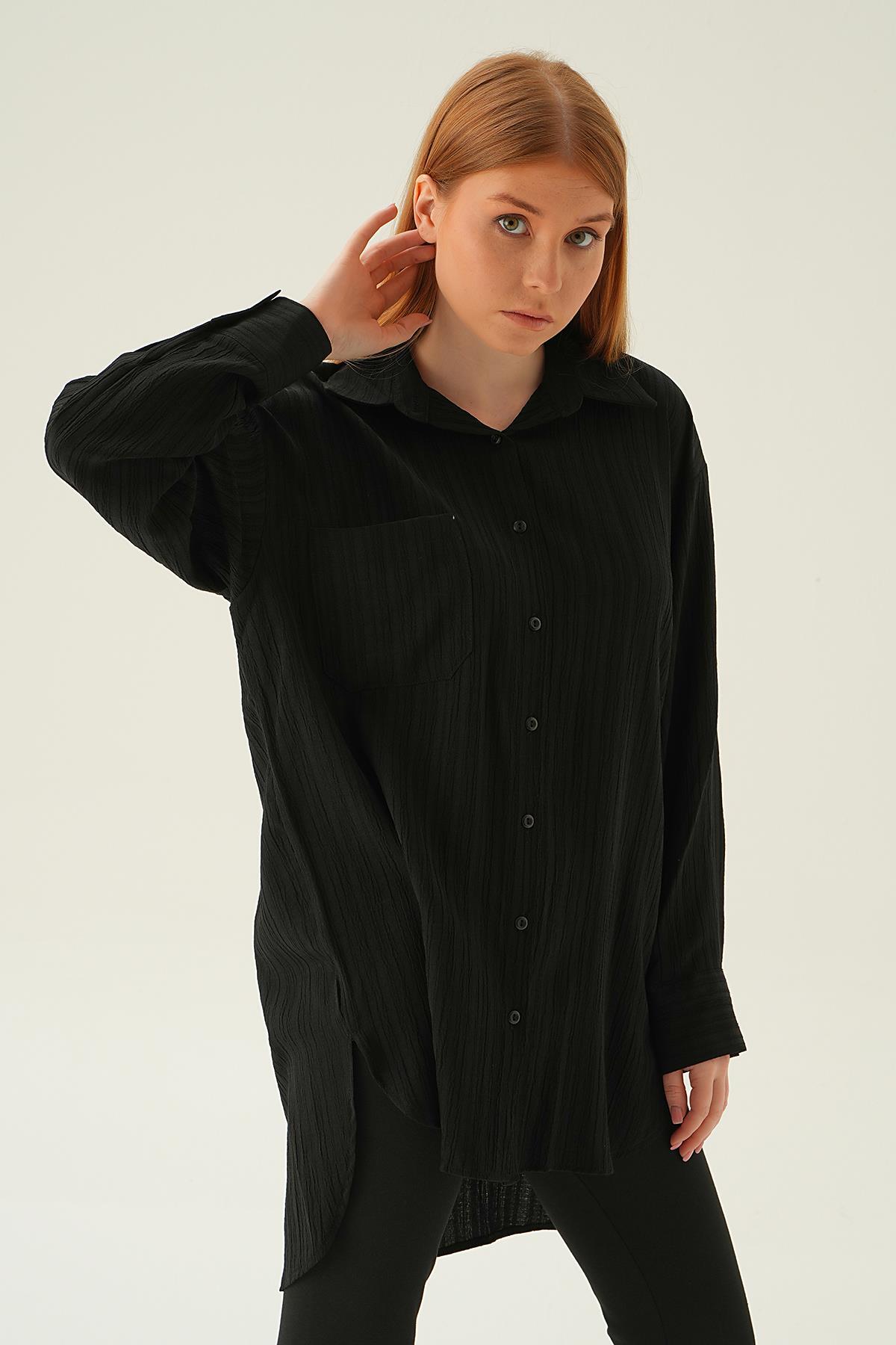 Siyah Oversize Gömlek 6644-1 - 3