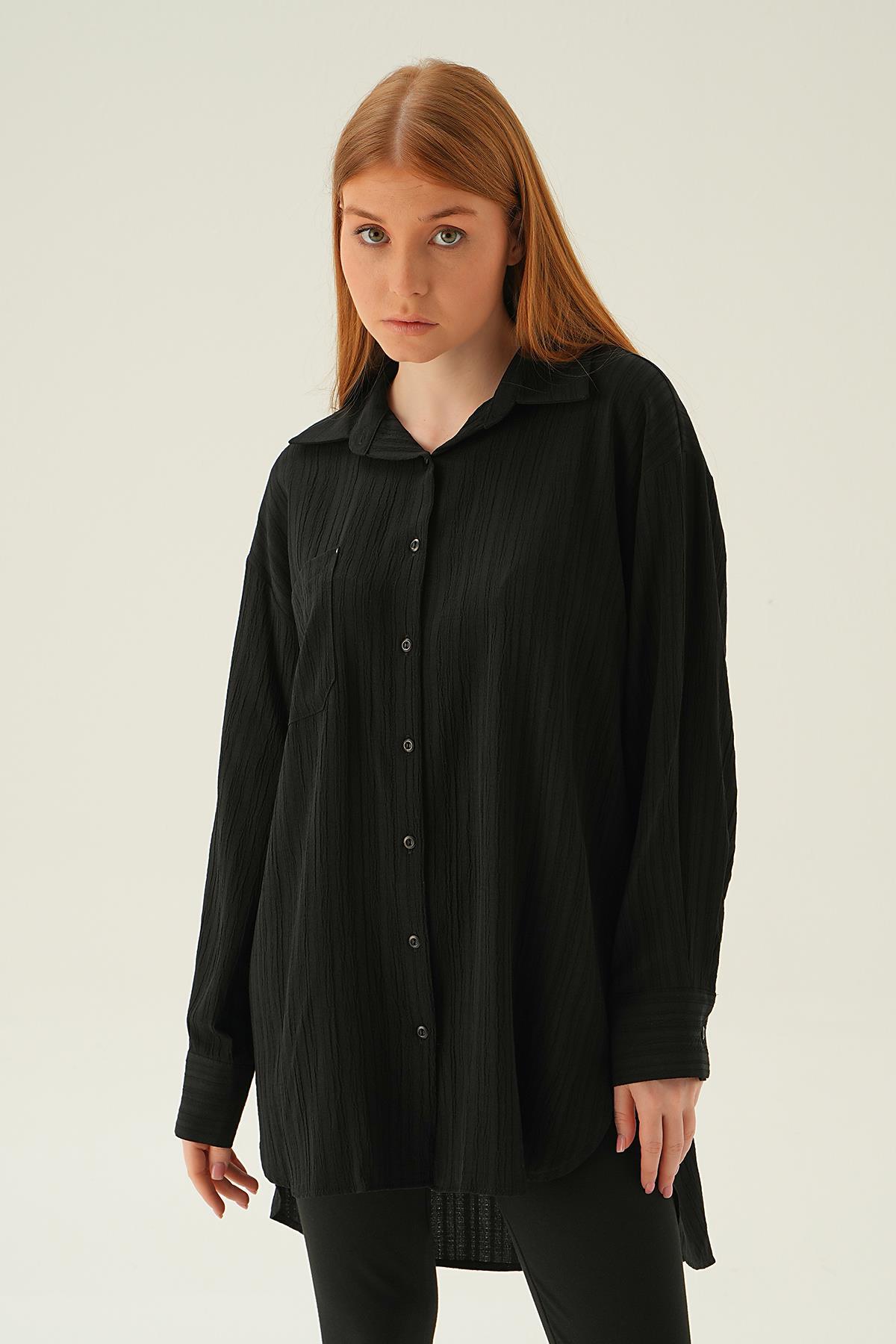 Siyah Oversize Gömlek 6644-1 - 4