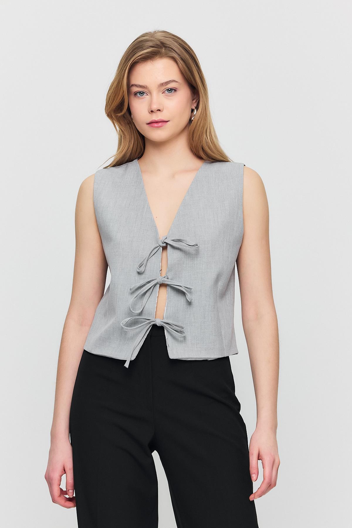 Açık Gri Bağcıklı Sıfır Kol Yelek 6645 - 6