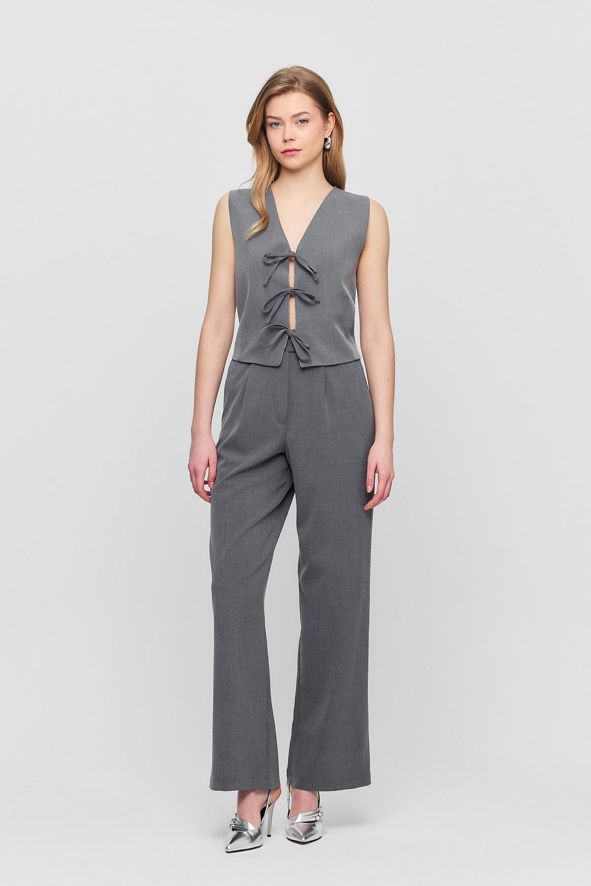 Gri Bağcıklı Sıfır Kol Yelek 6645 - 3