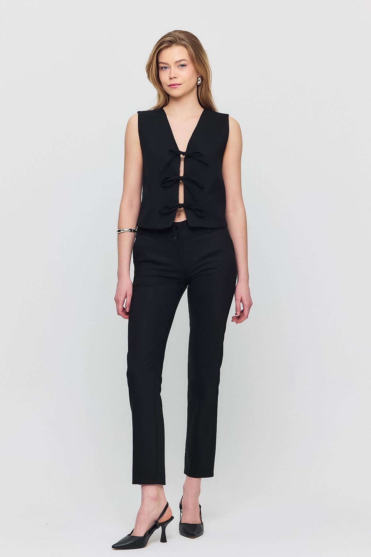 6645 Bağcıklı Sıfır Kol Yelek Siyah - 2